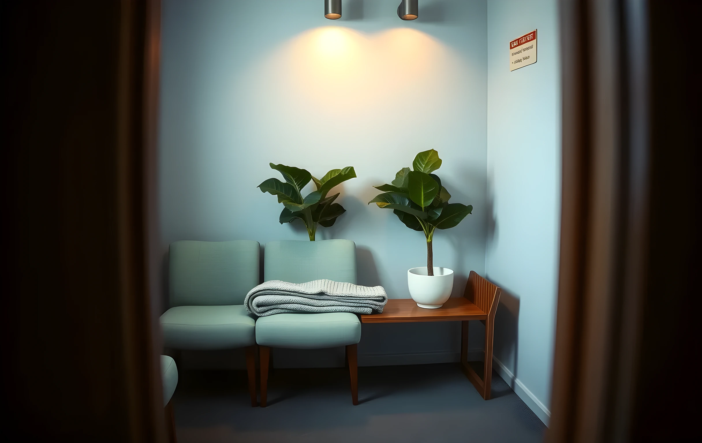 A medium-close view inside a small neighborhood clinic waiting room seen from just past the doorway, a row of four padded chairs in dusty teal fabric with a neatly folded gray blanket on the middle seat, two potted fiddle-leaf figs in white ceramic pots flanking a low wooden bench, warm overhead track lighting casting soft pools on pale blue walls, no people, no text visible anywhere