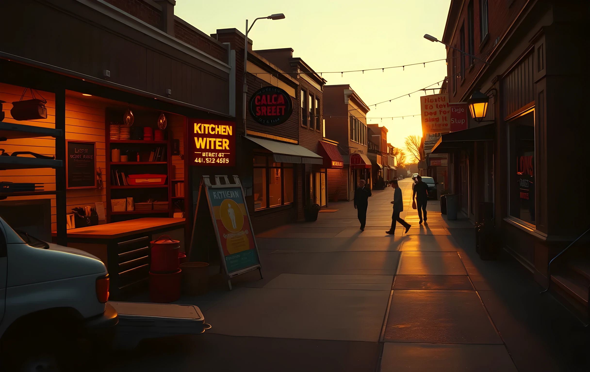 A wide-angle golden-hour view down a quiet small-town commercial street, warm amber light spilling from restaurant kitchen doors, a white contractor van parked at the curb with its rear hatch open revealing neatly organized tool racks inside, two distant figures strolling along the sidewalk, soft string lights strung overhead between buildings, long shadows stretching across the asphalt, no readable text or signage visible anywhere in the frame