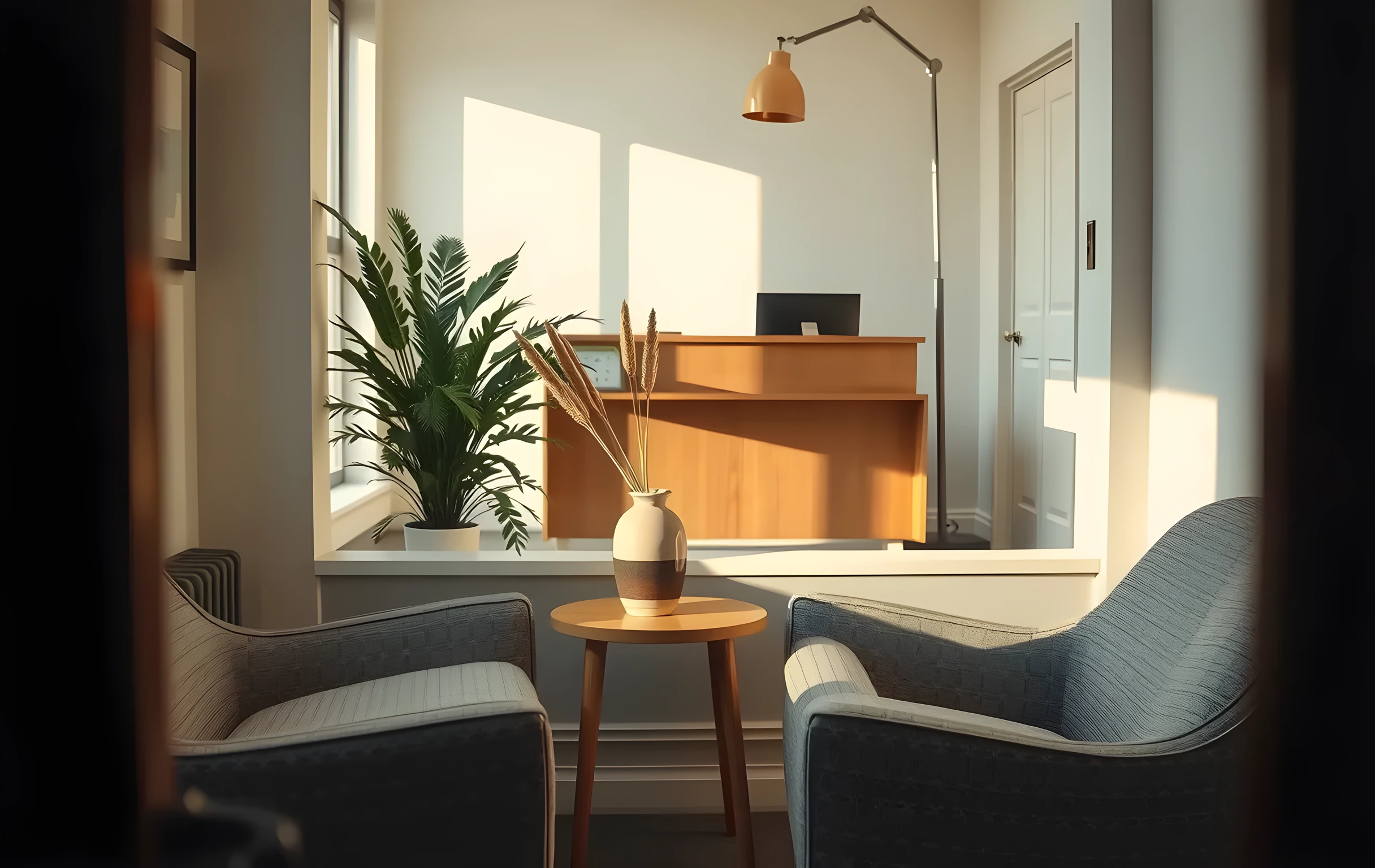 A medium interior shot of a calm dental clinic waiting room in late afternoon light, two upholstered armchairs angled toward each other around a low oak side table holding a ceramic vase with dried wheat stems, a tall potted fern on the windowsill catching warm evening glow, soft cream walls and a wooden reception counter visible in the background with no screens or text, a single floor lamp casting a gentle pool of light, overall palette of warm neutrals and muted greens