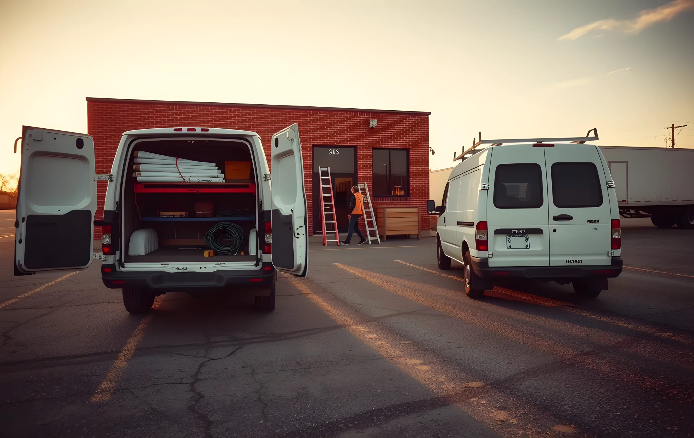 A gravel parking lot at a small-town hardware and building-supply store in late afternoon golden light. Two white work vans are parked side by side with their rear cargo doors wide open, revealing neatly stacked toolboxes, coiled hoses, and rolled blueprints on the lower shelf. A pair of wooden extension ladders leans against the warm red-brick wall of the building. Long amber shadows stretch across the cracked asphalt. In the far distance, a single figure in a high-visibility orange vest walks toward the store entrance, small against the scale of the scene. The sky is a soft peach gradient with thin wispy clouds