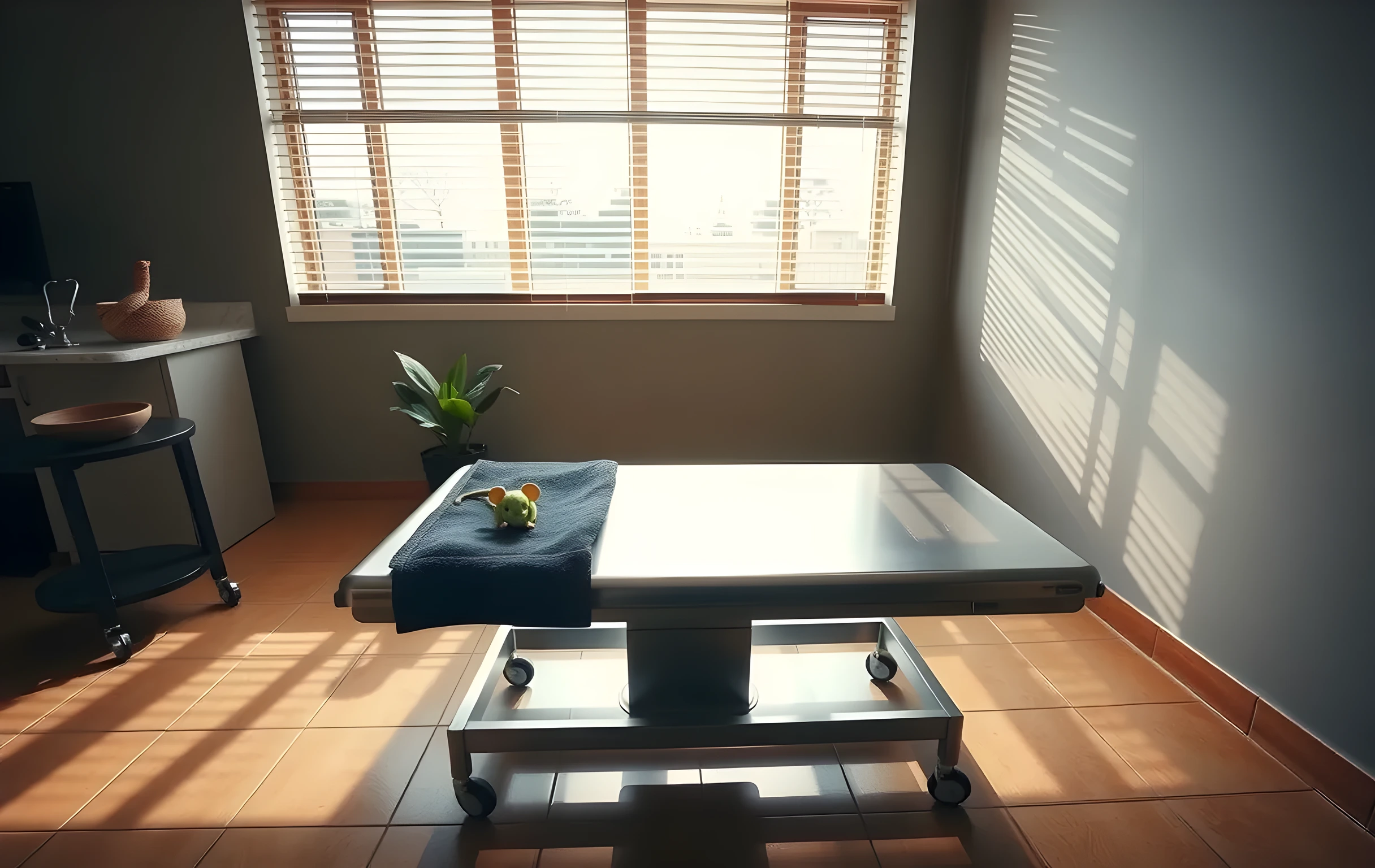 The interior of a quiet veterinary clinic exam room in soft diffused morning light coming through a large window with wooden blinds casting gentle striped shadows across the floor. A stainless steel examination table sits center-frame with a neatly folded navy-blue towel and a small rubber toy mouse resting on its corner. A potted snake plant with broad green leaves stands on a low shelf to the left. The warm beige tile floor reflects the window light. A coiled stethoscope rests in a ceramic bowl on a side counter. The room is empty, calm, and bathed in a soft warm glow