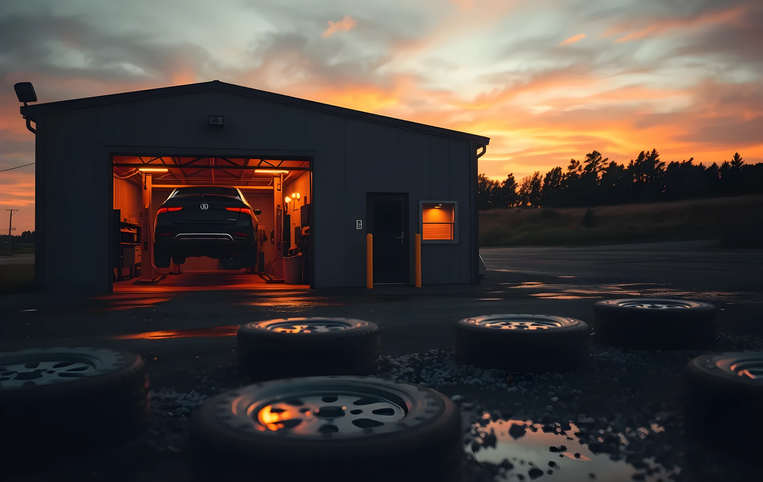 Wide establishing shot at golden hour of a two-bay auto repair shop in a rural setting, gravel lot wet with morning rain reflecting the warm amber light spilling from both open garage doors, a lifted sedan visible on a hydraulic lift inside the left bay, scattered tire treads and oil stains in the gravel, a distant tree line silhouetted against a pink-and-orange sky, no people, no text, no signage