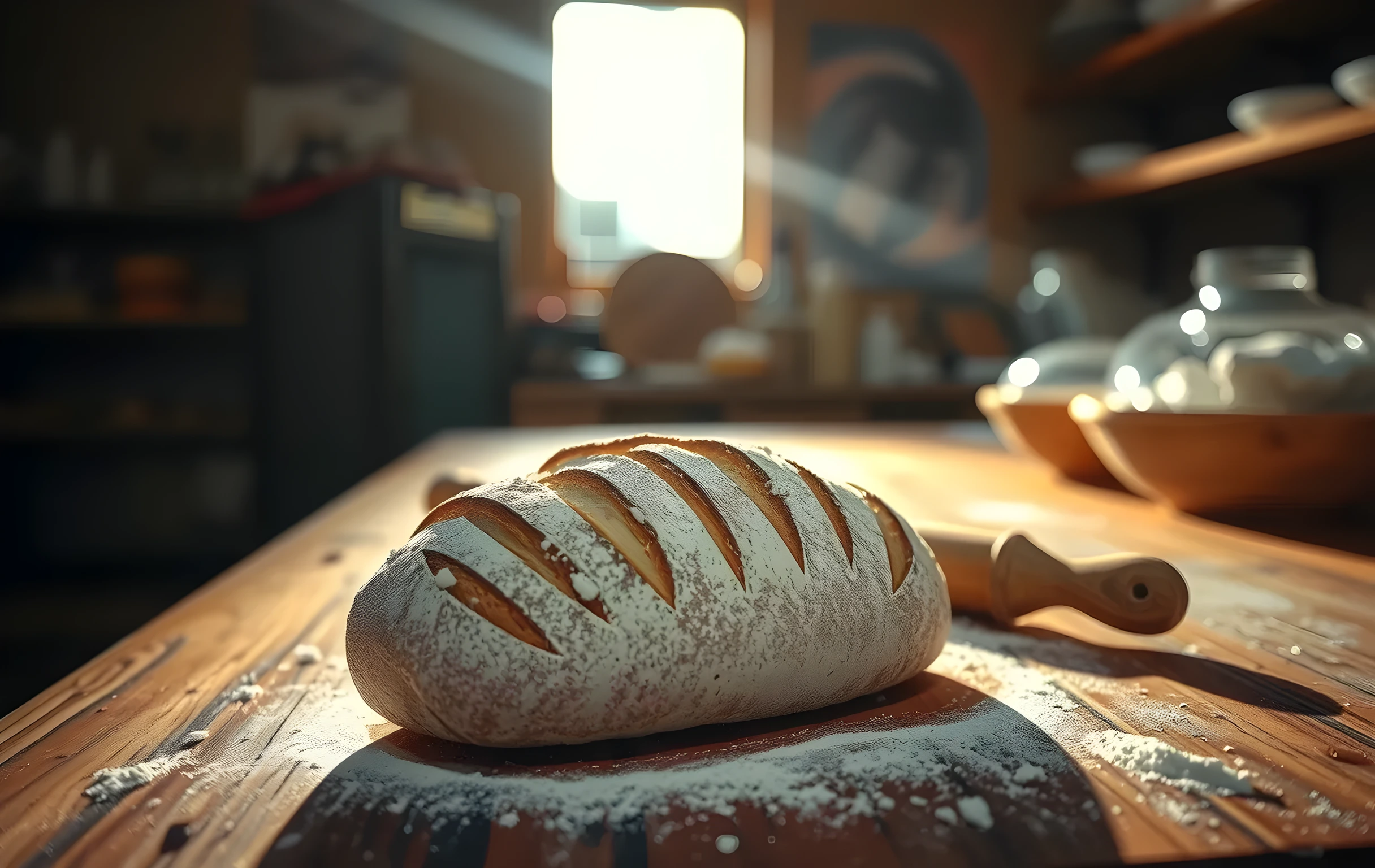 Medium-close detail shot of a weathered wooden bakery counter dusted with flour catching a single shaft of warm morning light from a high window, a half-shaped sourdough loaf with diagonal scoring marks sits in the center, scattered crumbs and a worn wooden rolling pin rest beside it, soft shallow depth of field blurring the background into warm amber tones, no people, no text, no signage