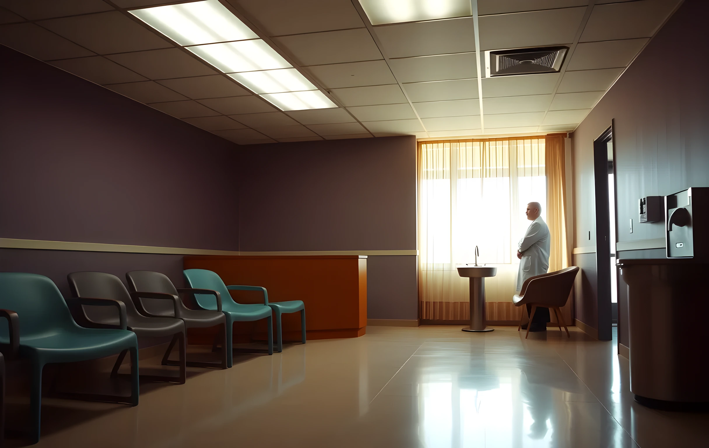A wide interior shot of a small-town dental clinic waiting room at early morning before patients arrive. Six molded plastic chairs in muted teal and grey face a low wooden reception desk. Soft fluorescent ceiling panels mix with warm daylight filtering through sheer curtains on the far wall. A stainless-steel water fountain catches a sliver of light. A single distant figure in a white coat is visible far down the corridor, half-turned, out of focus. The floor is polished linoleum reflecting the pale overhead glow. Quiet, sterile, anticipatory atmosphere. No text or signage visible anywhere