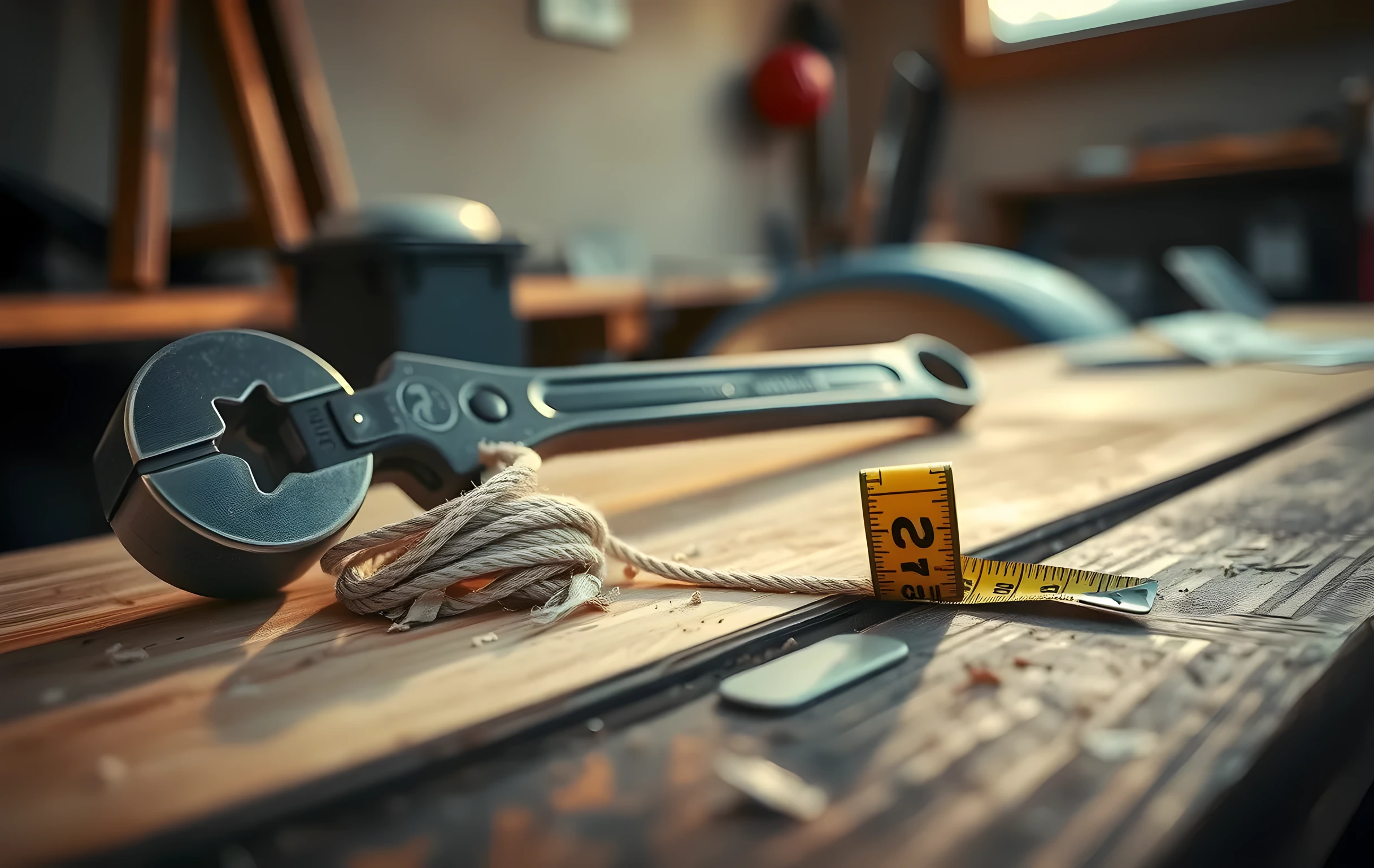 A close-up, slightly elevated angle of a contractor's worn workbench surface in a residential garage. A heavy combination wrench lies diagonally across a scrap of plywood, its steel head catching warm late-afternoon light streaming through an unseen window. Wood shavings curl in tight ribbons beside a coiled length of natural-fiber rope. A tape measure with a scuffed yellow casing rests half-unrolled, the blade tucked back into its housing. The bench top is scarred with old knife marks and faint grease rings. Shallow depth of field blurs the garage wall behind. No text, no labels, no faces