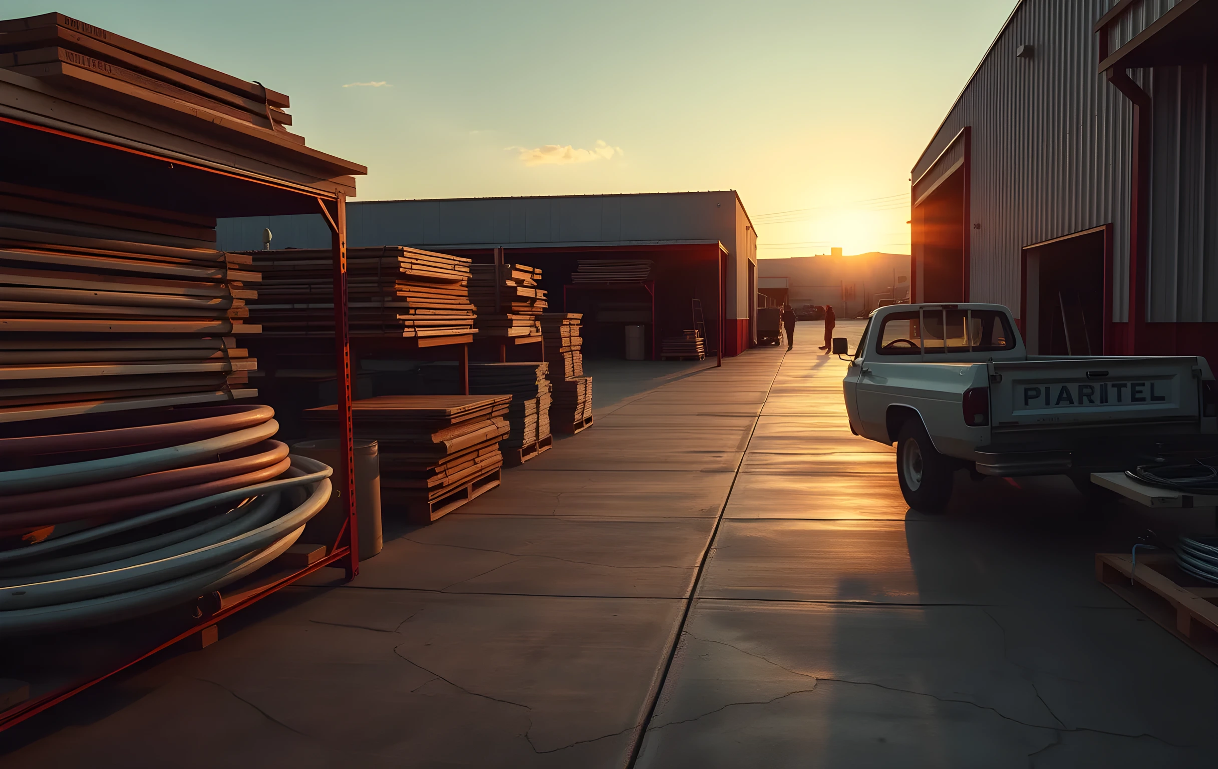 The back lot of a small hardware supply yard at golden hour, rows of stacked lumber and coiled garden hose on weathered metal racks, a work truck with its tailgate lowered parked at an angle, warm amber light spilling from the open warehouse door across cracked concrete, a few distant silhouettes moving between the stacks, long shadows stretching toward the camera, wide environmental shot, no readable text anywhere, no close-up faces