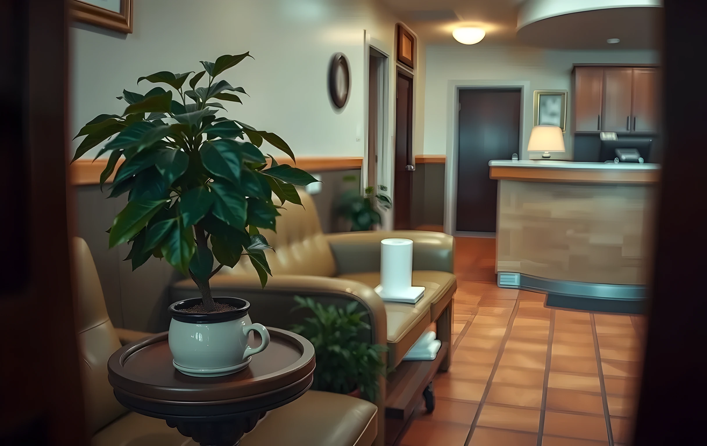 The interior of a small-town family dental clinic waiting area seen from the doorway at a slight angle, a worn leather sofa in muted olive green, a potted fiddle-leaf fig beside a wooden side table holding a ceramic water carafe and folded paper towels, soft warm overhead lighting casting pools on checkered terracotta tile, the reception desk visible in the background with its small lamp glowing amber, no people, no screens, no text, medium-wide framing from about eight feet away