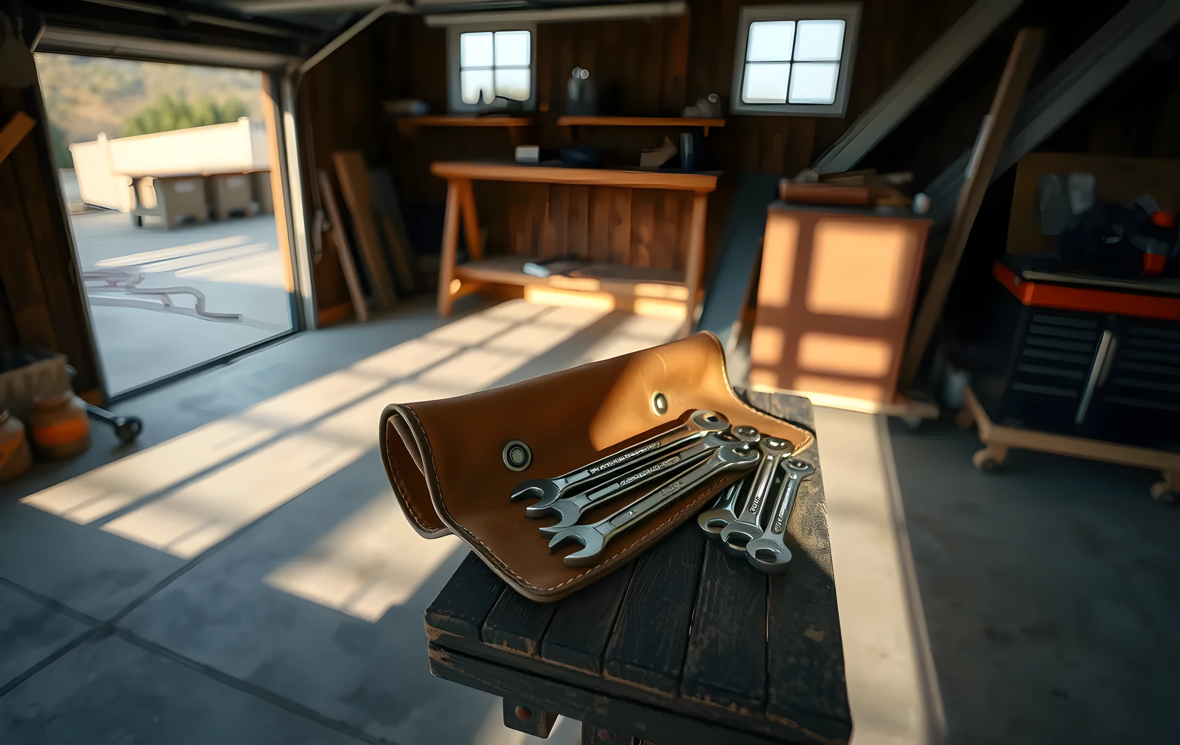A closer detail scene inside a contractor work area near an open garage door, focusing on a worn leather tool roll resting on a wooden bench with neatly arranged wrenches, soft afternoon light casting long shadows across concrete, no faces or hands visible