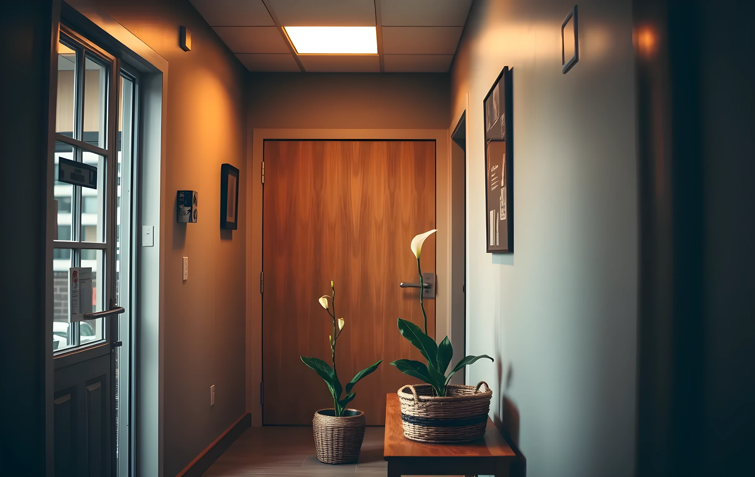 Inside a softly lit clinic corridor, a potted peace lily stands near a wooden coat rack, with a woven basket resting on a low bench under warm overhead lighting