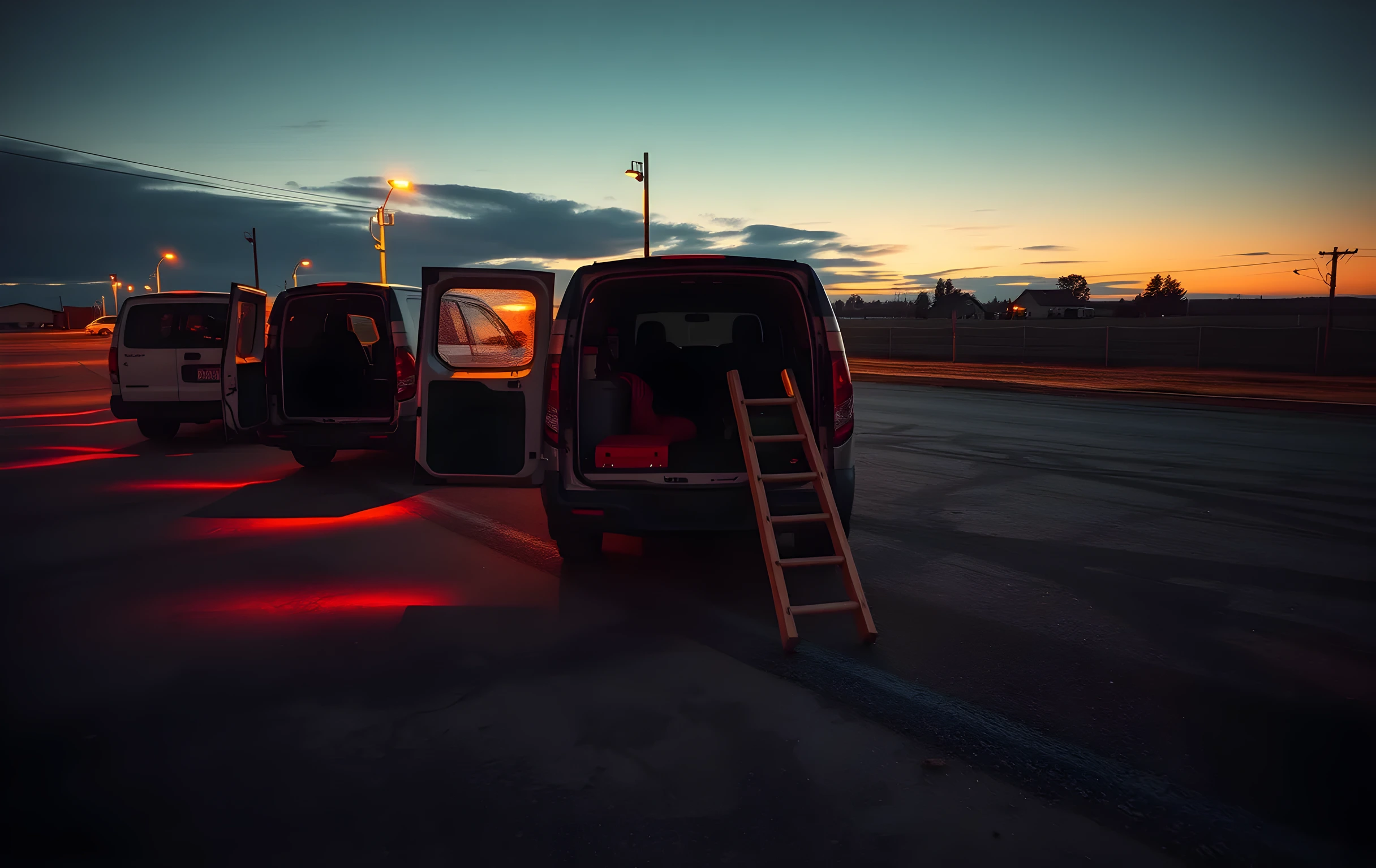 A wide-angle view of a gravel parking lot at golden hour behind a small-town auto repair shop, three work vans parked in a row with their rear doors open revealing coiled hoses and a tool rack, warm sodium-vapor floodlights casting long amber pools across the cracked asphalt, a wooden ladder leaning against the nearest van, distant farmhouse silhouettes and a band of low clouds on the horizon, no people visible