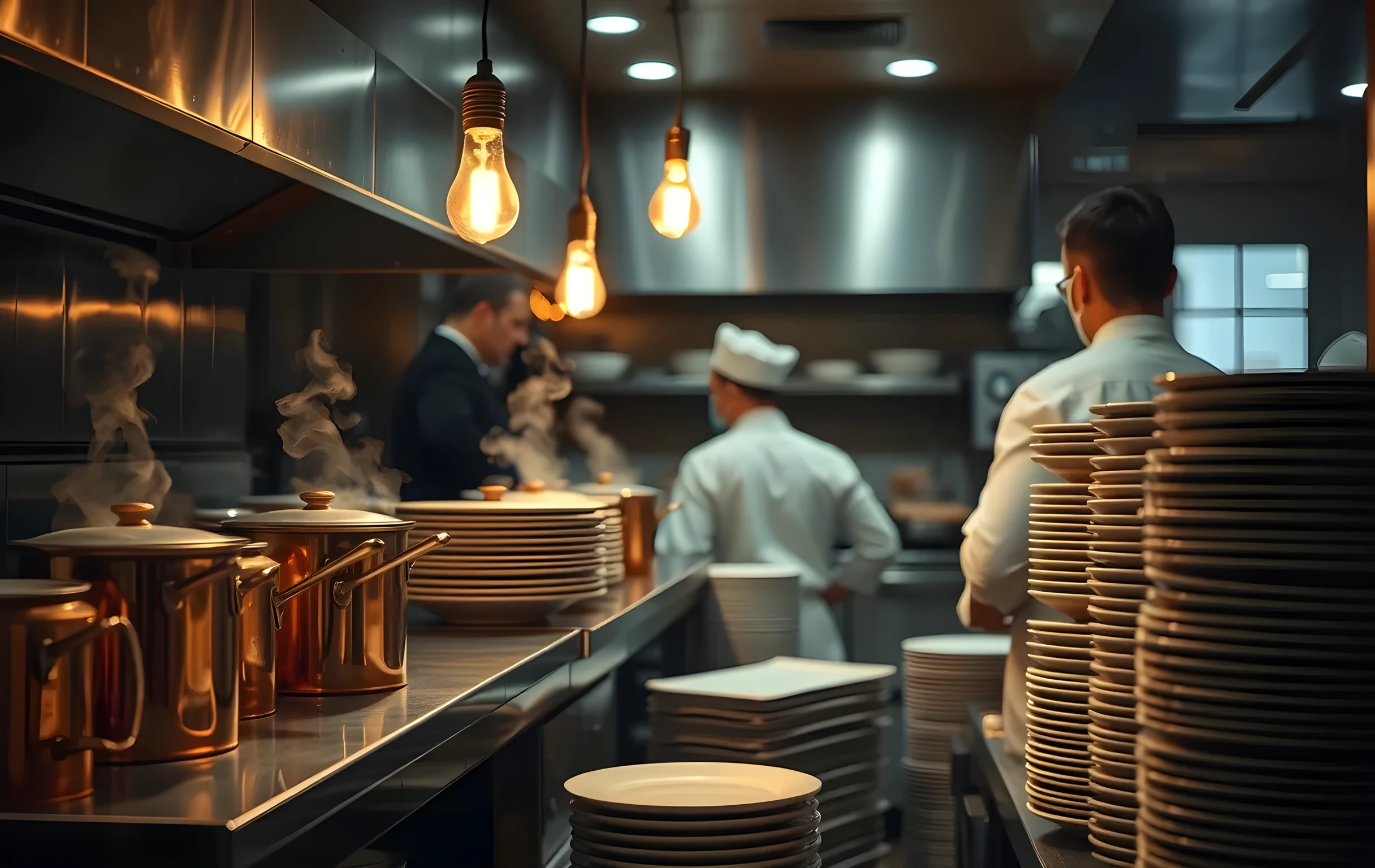A medium-distance interior view of a working restaurant kitchen seen from just inside the pass window, a row of stainless steel prep counters with copper pots and stacked ceramic plates catching warm tungsten light from three bare bulbs hanging on thin wires, gentle steam curling upward between the plates, a chef's shoulder and the back of a white jacket visible at medium distance in the background, no readable text or signage anywhere in frame