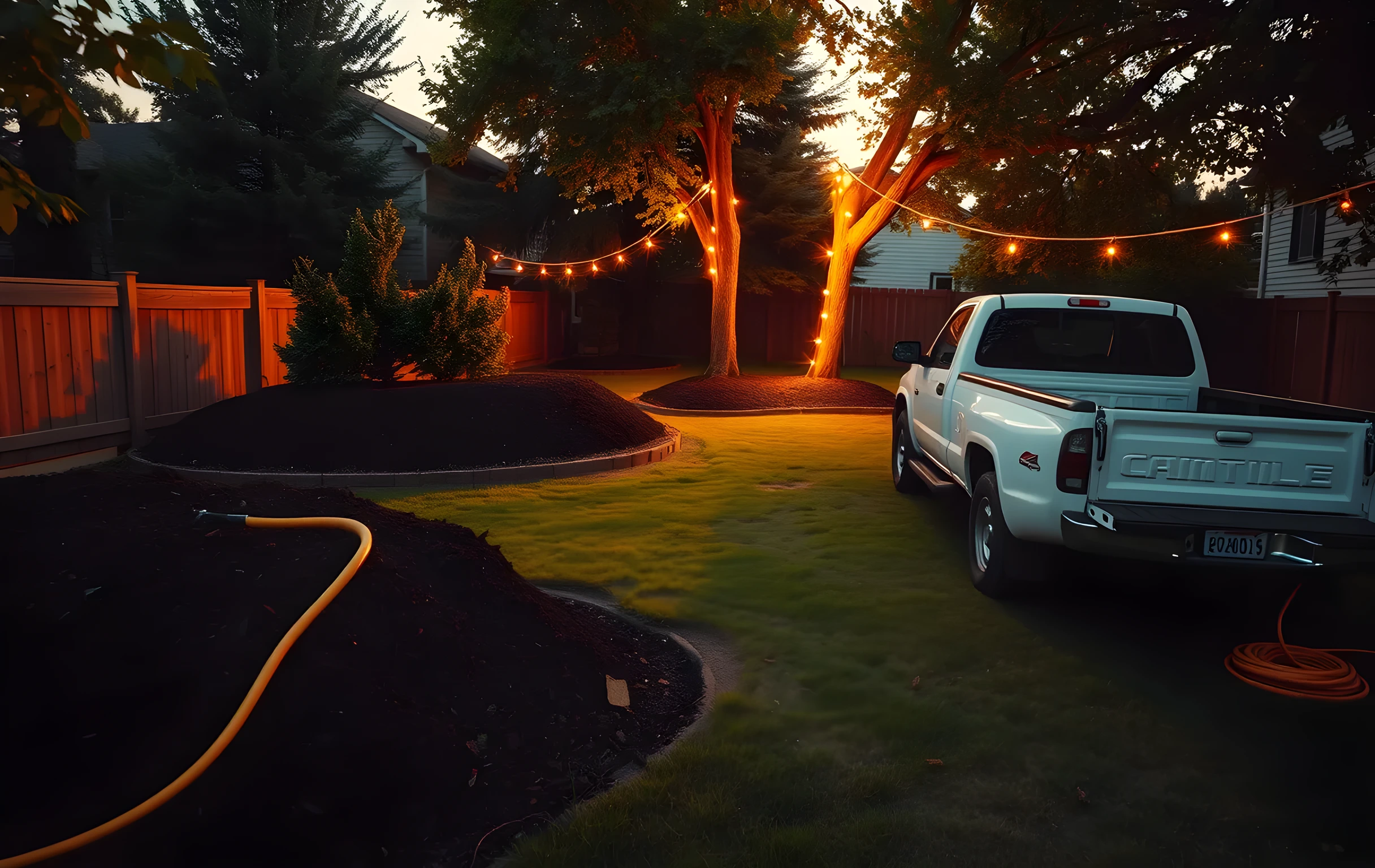 A wide golden-hour view of a residential backyard where landscaping work has just finished: large mounds of dark rich mulch freshly spread around young trees, a white pickup truck parked on the grass with its tailgate lowered and a coiled garden hose spilling from the bed, warm amber string lights being strung between two saplings in the mid-distance, the whole yard glowing in low summer sun, no people visible, no text or signage anywhere