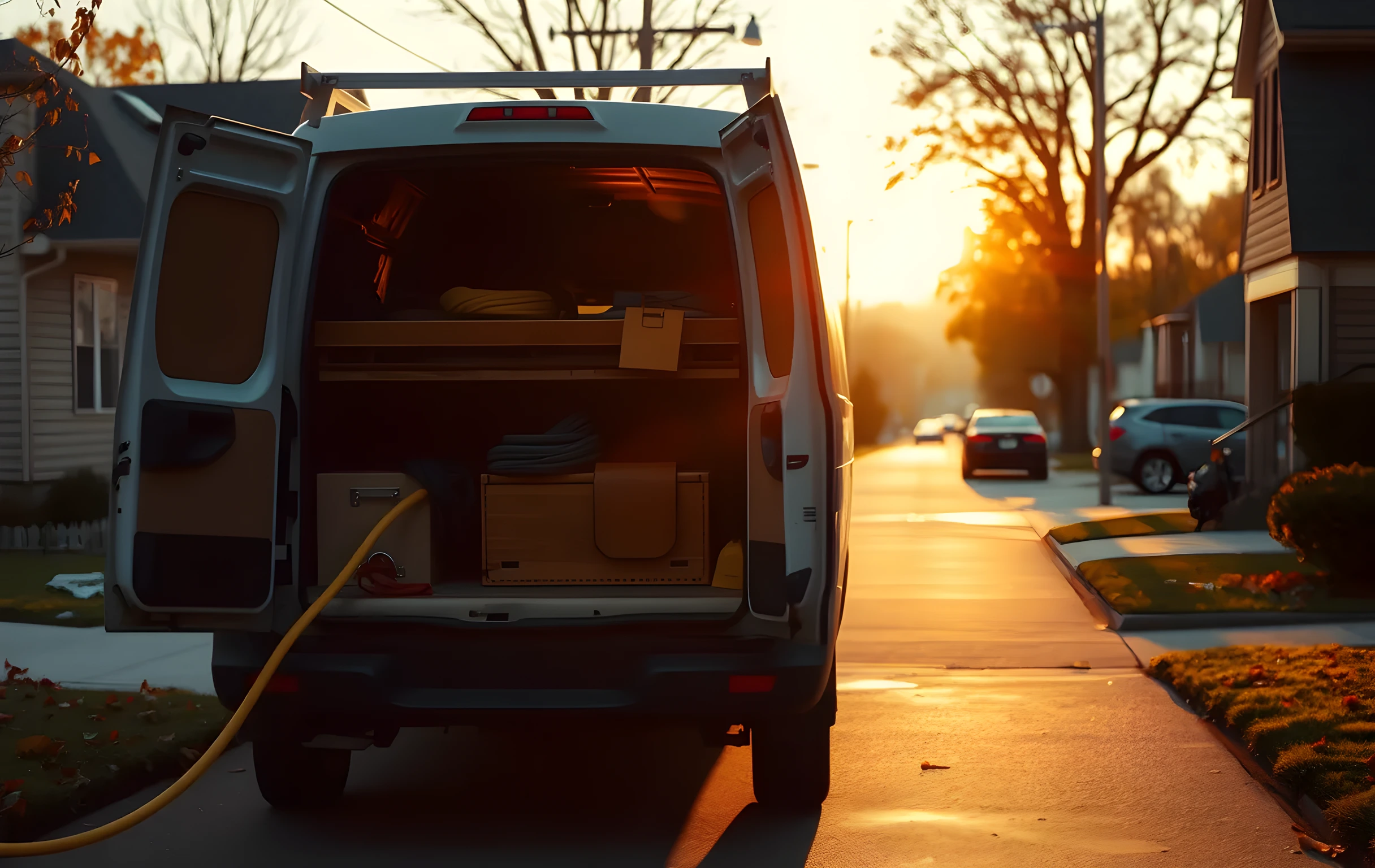 A wide golden-hour shot of a contractor work van parked at the edge of a residential driveway, rear doors swung open revealing a worn leather toolbelt and a coiled extension cord resting on the metal tailgate, warm amber light spilling from an open garage door directly behind the van, a quiet suburban street stretching into soft-focus background with muted autumn trees, no readable text or signage visible anywhere in frame