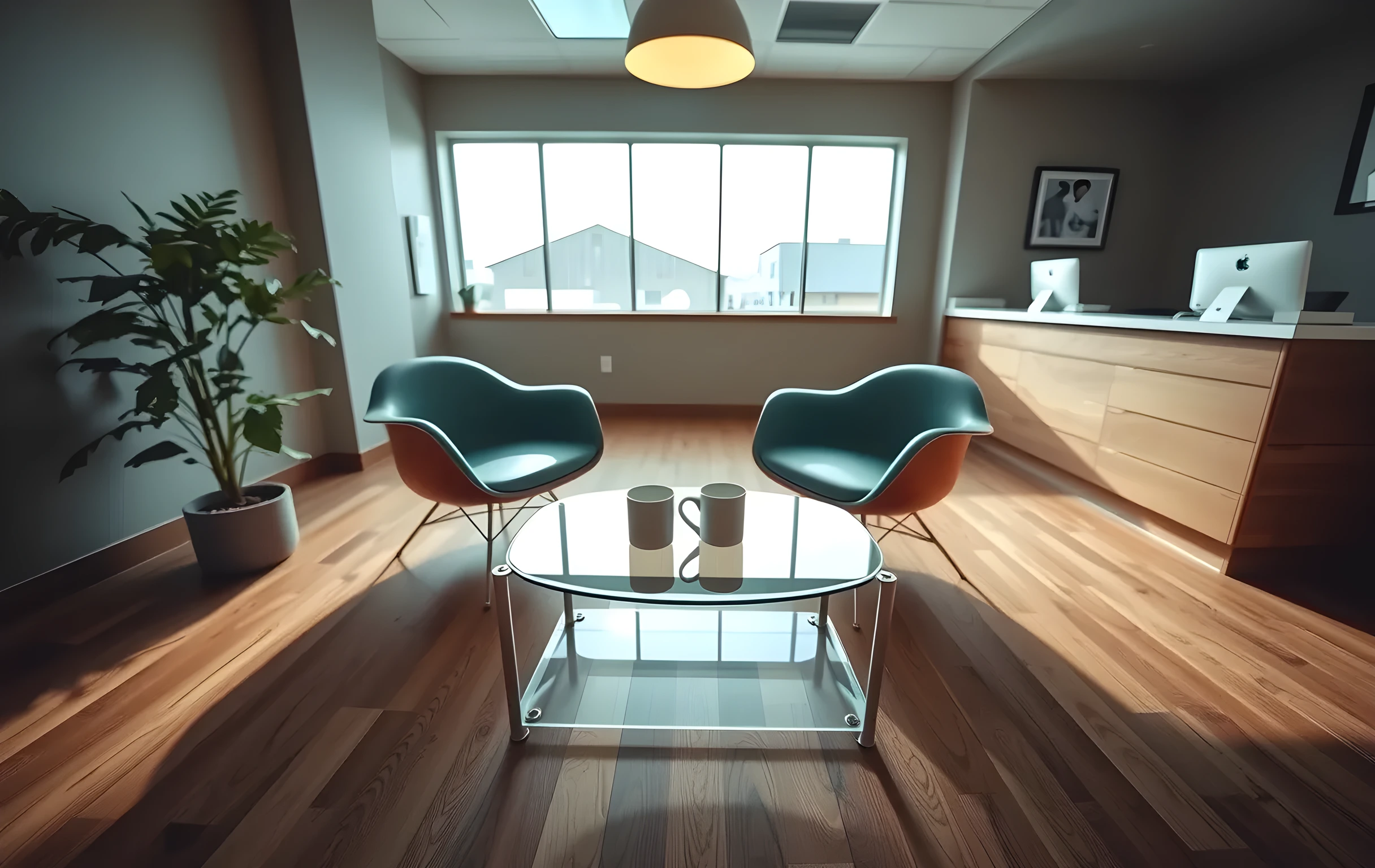 A medium-close interior view of a small-town dental clinic waiting room in late afternoon, two rounded vinyl chairs in muted teal facing a low glass coffee table holding a single ceramic mug, warm overhead pendant lighting casting long soft shadows across light oak flooring, a leafy potted plant beside a large window with diffused natural light, the reception desk visible as a soft blurred shape in the far background, no people, no text, no screens