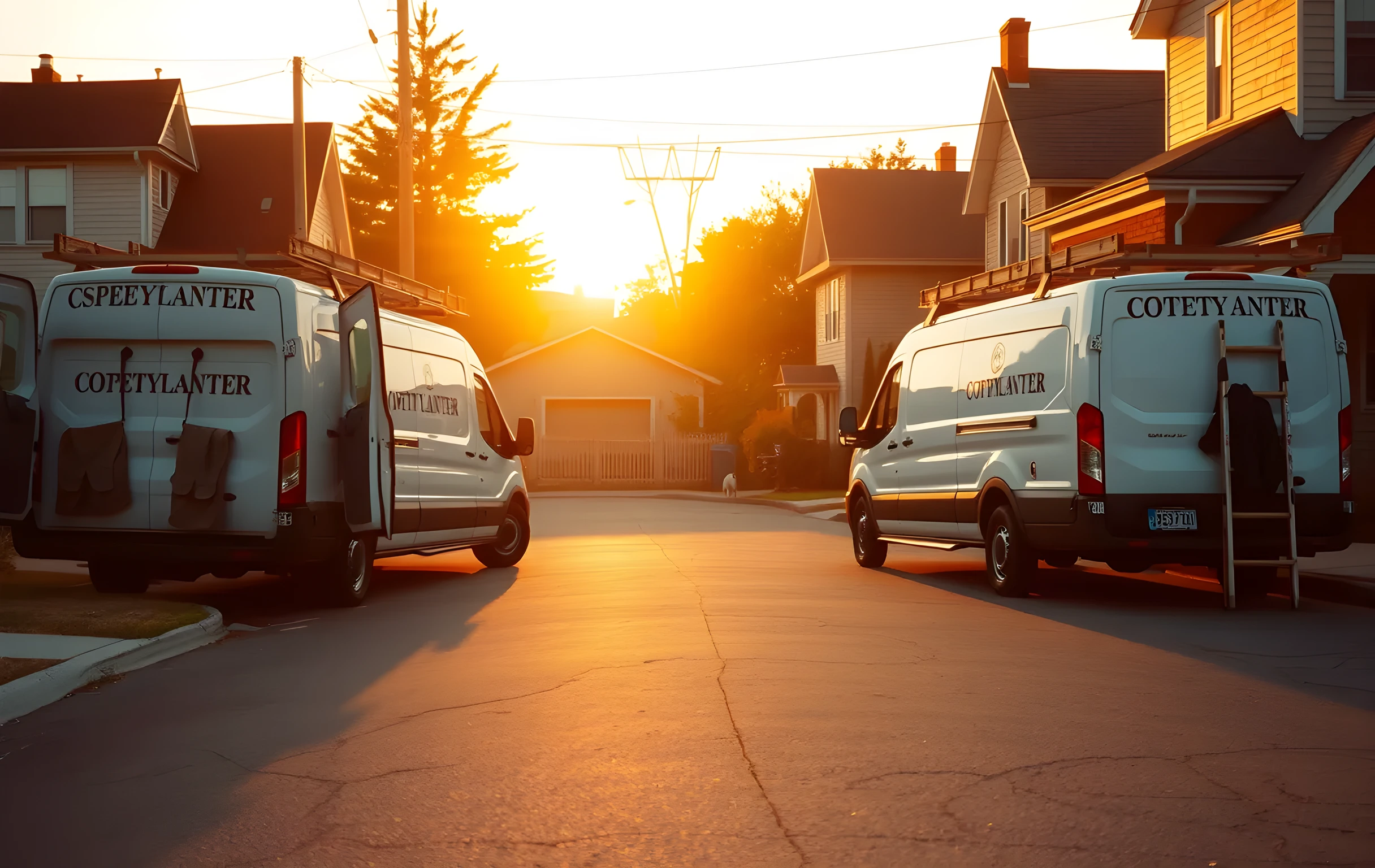 A wide golden-hour view down a quiet residential street where two white contractor work vans are parked at opposite curbs, canvas toolbelts hanging from the open rear doors, aluminum extension ladders propped against the siding of a house mid-renovation, warm amber light stretching long shadows across the asphalt, a small dog and a distant figure visible near a back-yard fence in the far background, soft haze on the horizon