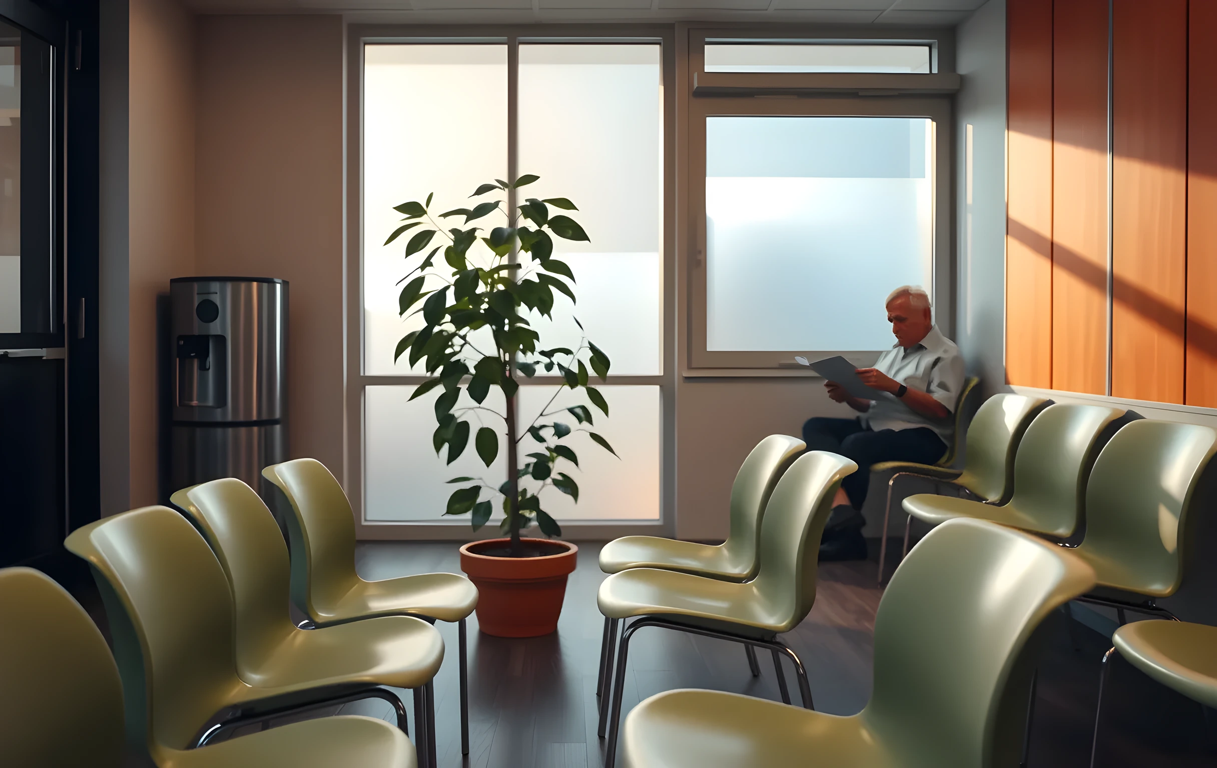 A medium-close interior view of a small neighborhood clinic waiting room in late afternoon, rows of pale green vinyl chairs arranged around a low potted fiddle-leaf fig, a stainless steel water cooler against the wall, soft diffused light filtering through frosted glass panels, a single elderly figure seated far down the row reading a paper, warm wood paneling on one wall, no screens or text visible anywhere