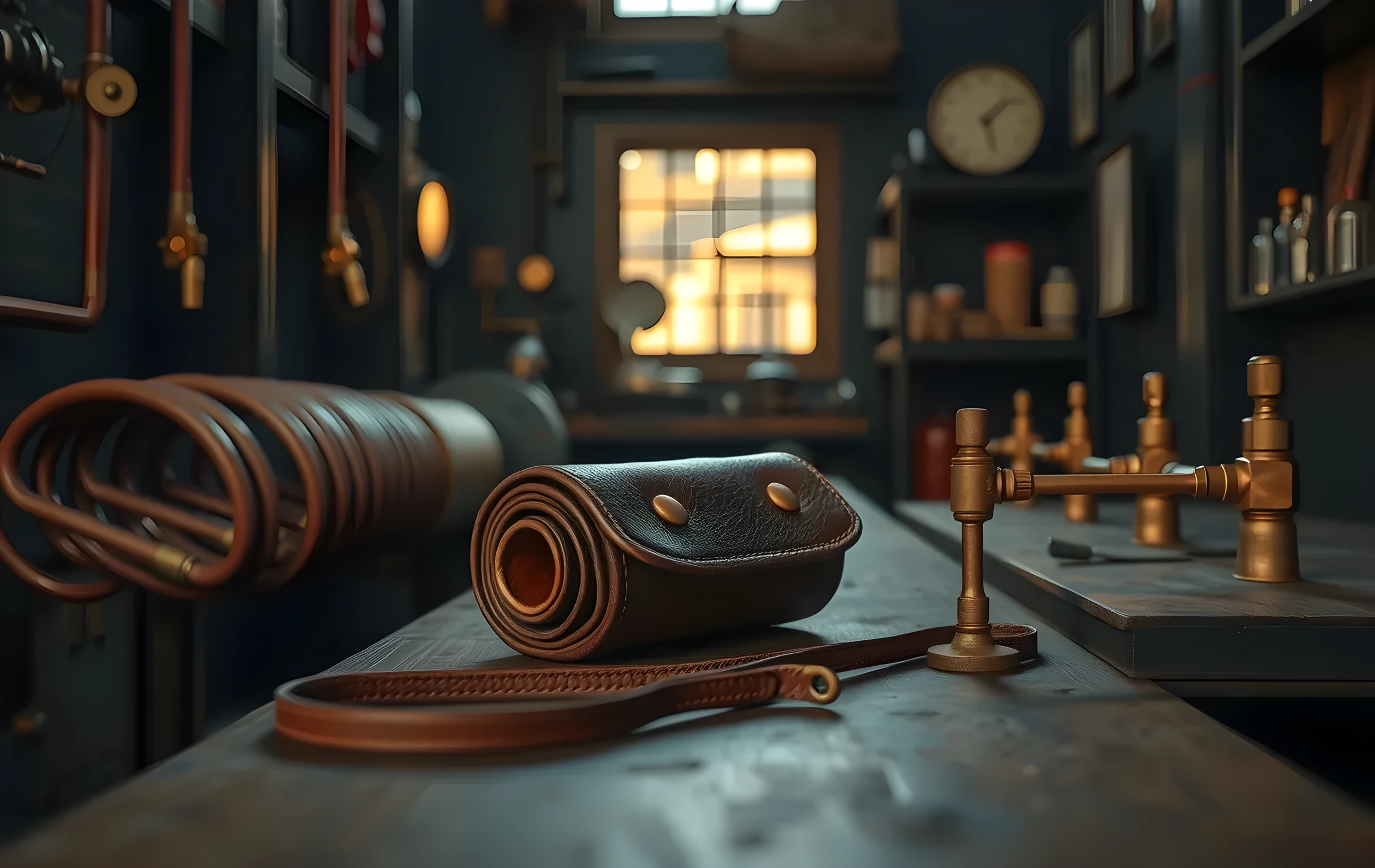 Sunlight catches a worn leather tool roll resting on a wooden workbench beside coiled copper piping and brass fittings. The shallow depth of field keeps focus on texture and daily service rhythm while leaving the room beyond softly blurred