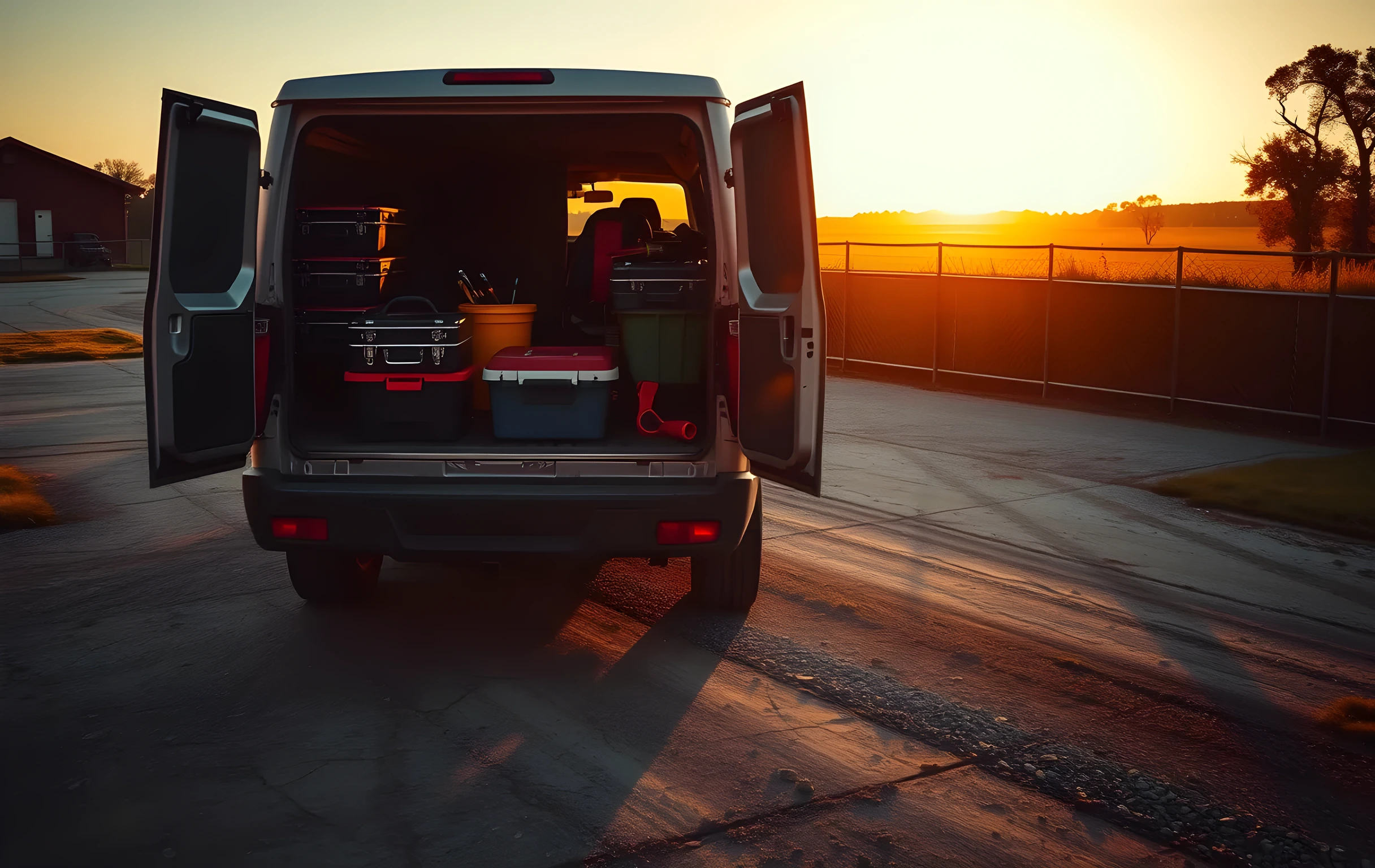 A gravel driveway at a rural property in late afternoon where a contractor's work truck is parked with its rear cargo doors wide open, revealing stacked toolboxes, coiled extension cords, and a bucket of drill bits catching the low amber sun, the cab interior light still glowing, long shadows stretching across cracked dirt, a chain-link fence and overgrown hedgerow receding into a warm haze on the horizon, no visible text or signage anywhere