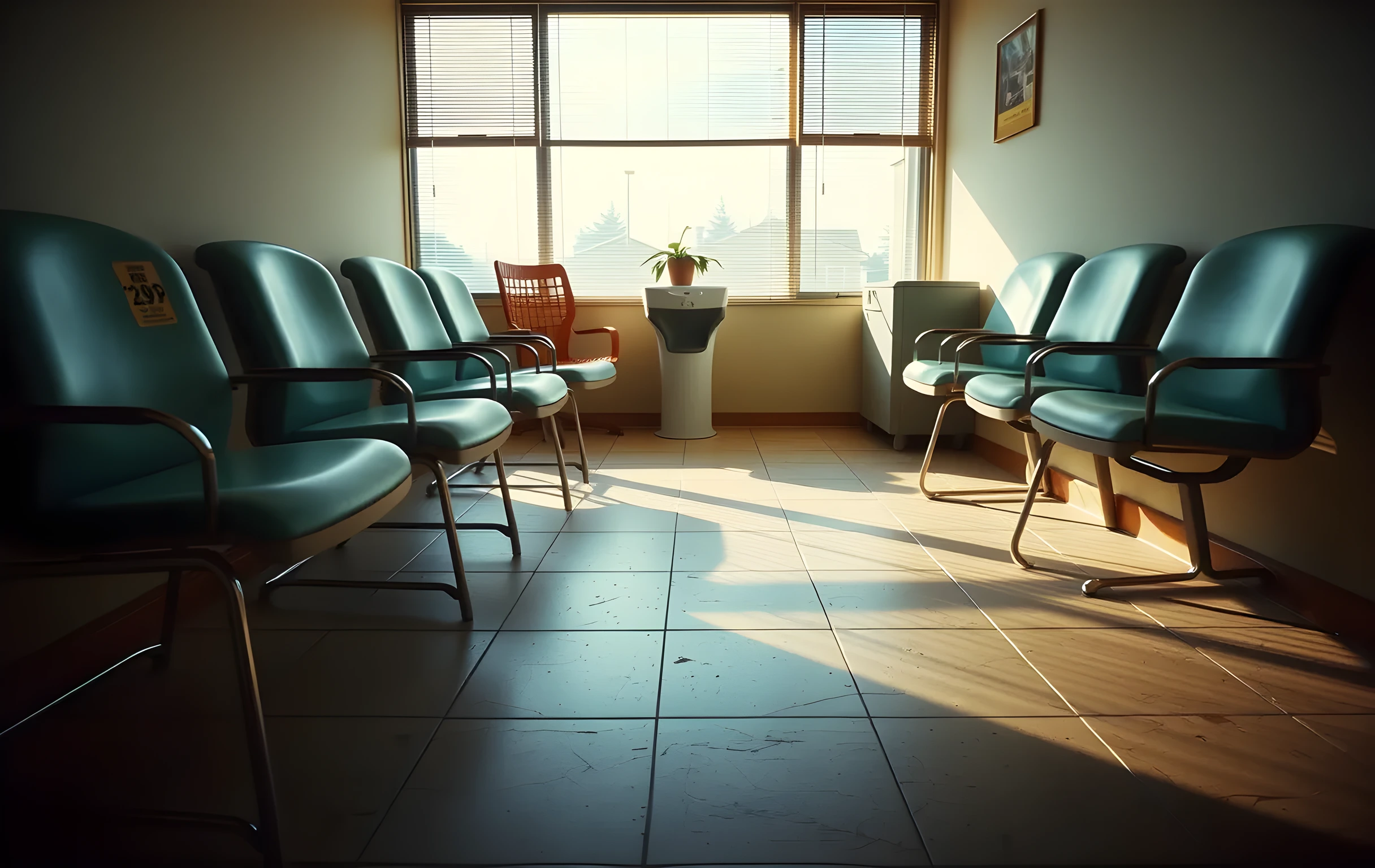 The far corner of a small dental clinic waiting area viewed from across the room, a row of worn vinyl chairs in faded teal with one slightly pulled forward, a water fountain with a thin condensation ring on its plastic base, late afternoon light slicing through closed horizontal blinds and painting long parallel stripes of gold across scuffed linoleum, a single potted fern on the windowsill casting soft shadows, no screens, no documents, no people in close proximity