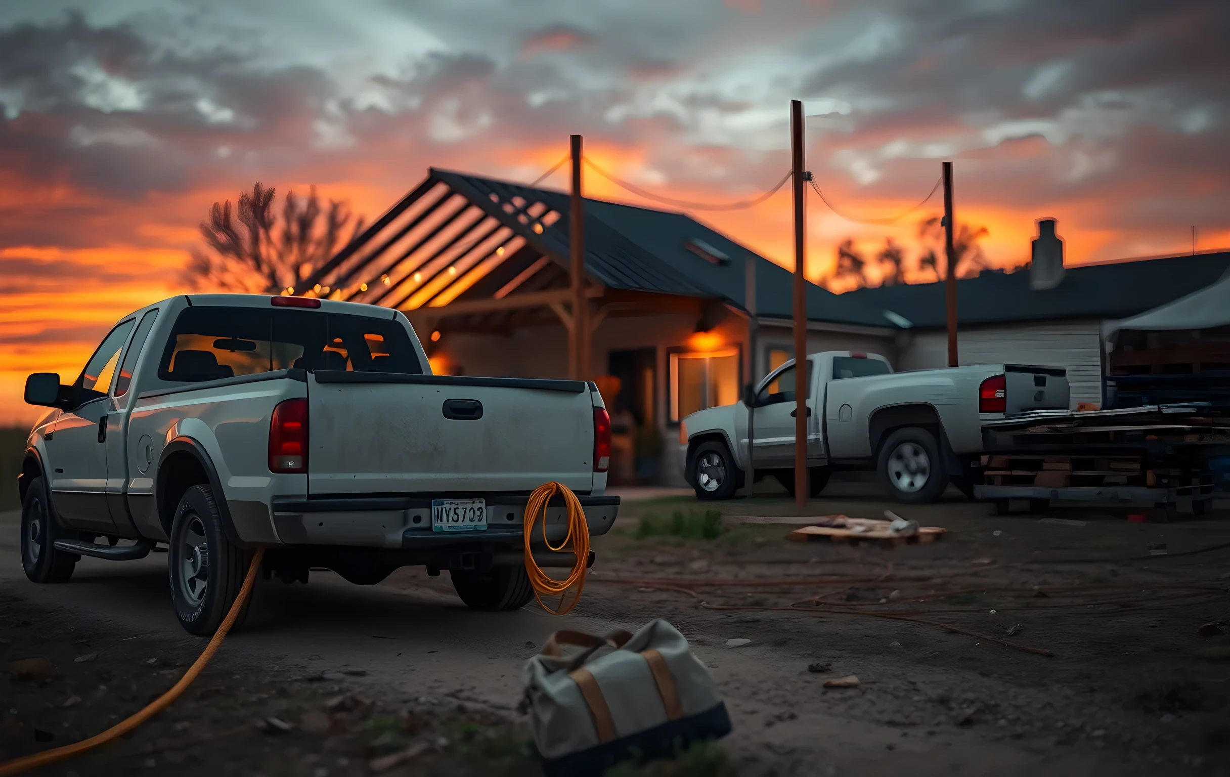 Wide-angle view of a rural contractor's work yard at golden hour. A dented white pickup truck sits on packed dirt with its tailgate lowered, a coiled yellow extension cord and a worn canvas tool bag resting on the ground beside it. Behind the truck, a single-story house under renovation shows exposed roof trusses silhouetted against a sky burning deep amber and violet. String lights between two wooden poles cast small warm dots across the scene. Pallets of lumber stacked to one side. No people in frame, no readable text or signage anywhere