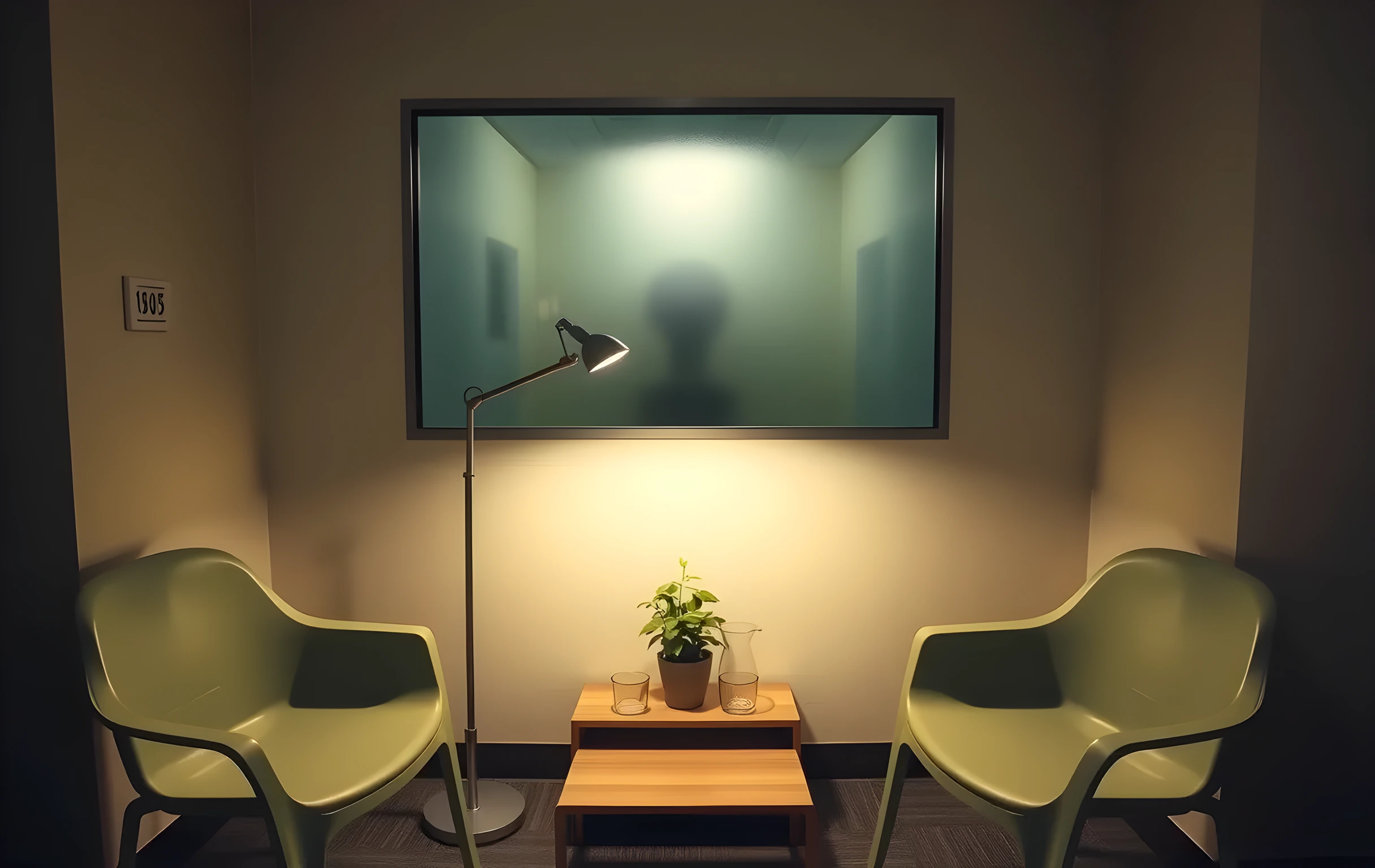 Medium close-up of a quiet clinic waiting corner at late afternoon. Three molded plastic chairs in muted sage green face a plain wall where soft light from a tall floor lamp creates a warm cream-colored pool. A small potted fern sits on a low wooden bench, and a glass water pitcher with two clear tumblers rests on a narrow side table. Through the frosted glass partition behind, a corridor stretches dimly lit and empty. The palette is muted greens, creams, and soft shadows. No people, no visible text, no screens