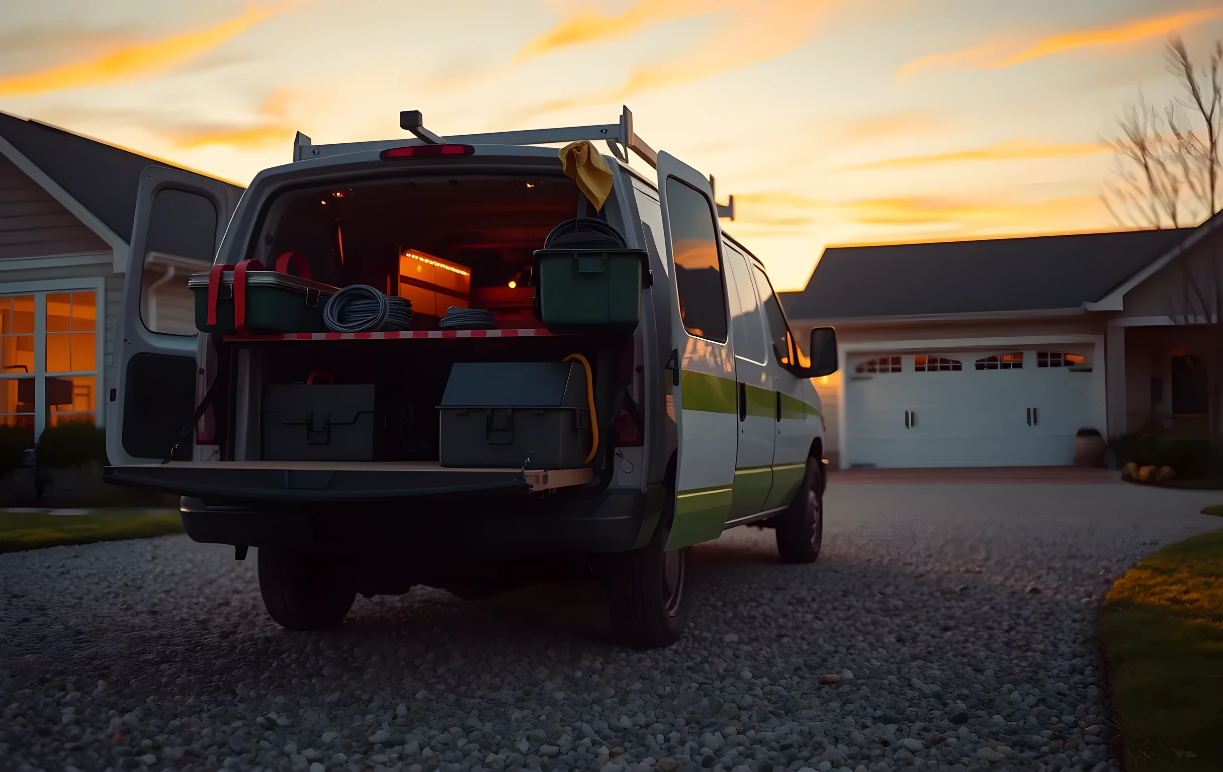 A wide-angle view of a contractor's work van parked on a gravel driveway outside a suburban craftsman home at golden hour, the tailgate lowered with two open toolboxes and a rolled-up hose resting on top, warm interior light glowing from the garage door behind the van, soft amber sky with thin clouds, no people visible, no readable text or signage anywhere in frame