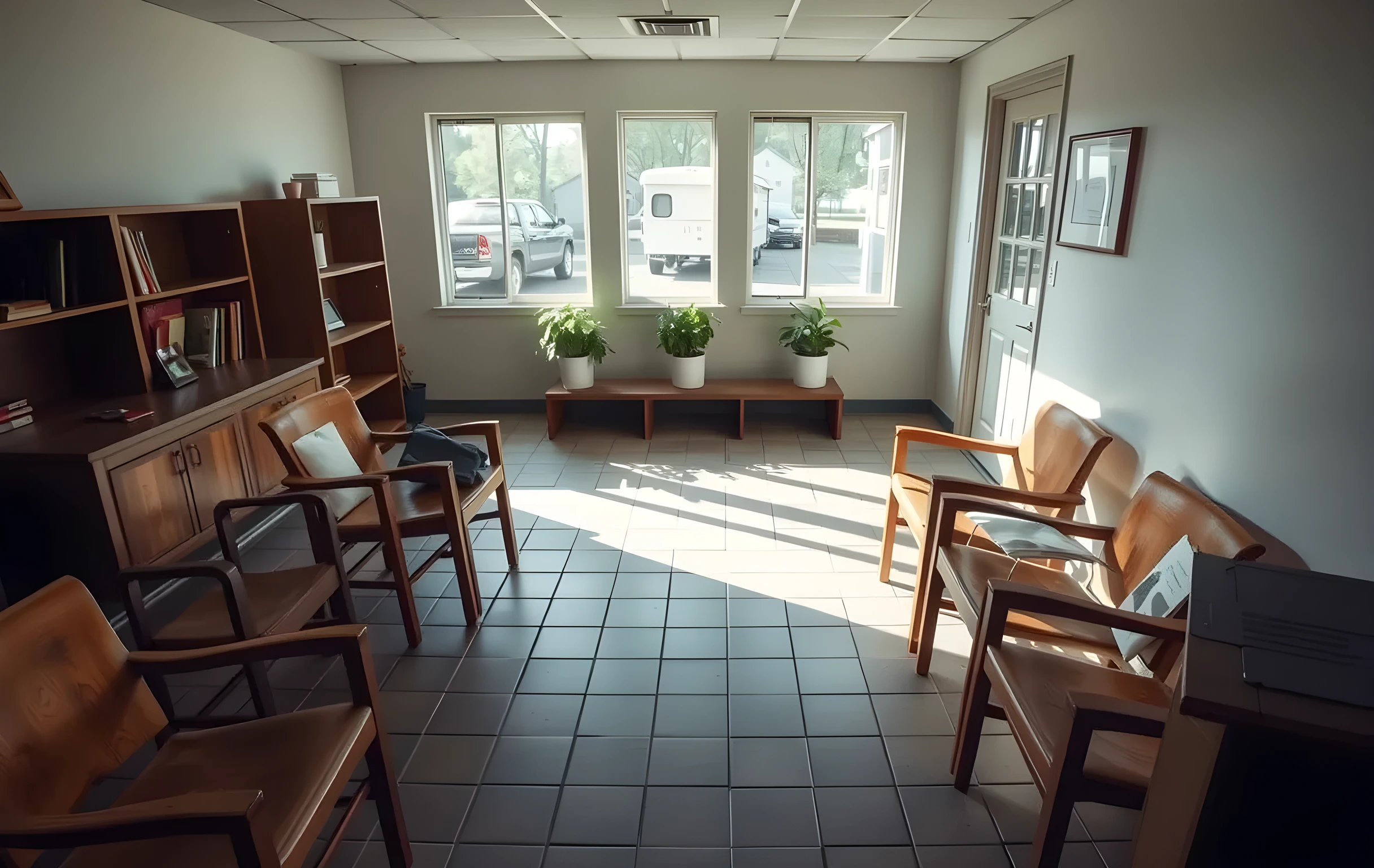 A quiet small-town clinic waiting room photographed from one corner looking toward the reception area, a row of five worn wooden armchairs facing a low oak counter, two potted ferns on open shelving along the back wall, pale afternoon light streaming through tall windows casting long soft shadows across the tile floor, no people, no screens, no documents, no visible text or logos
