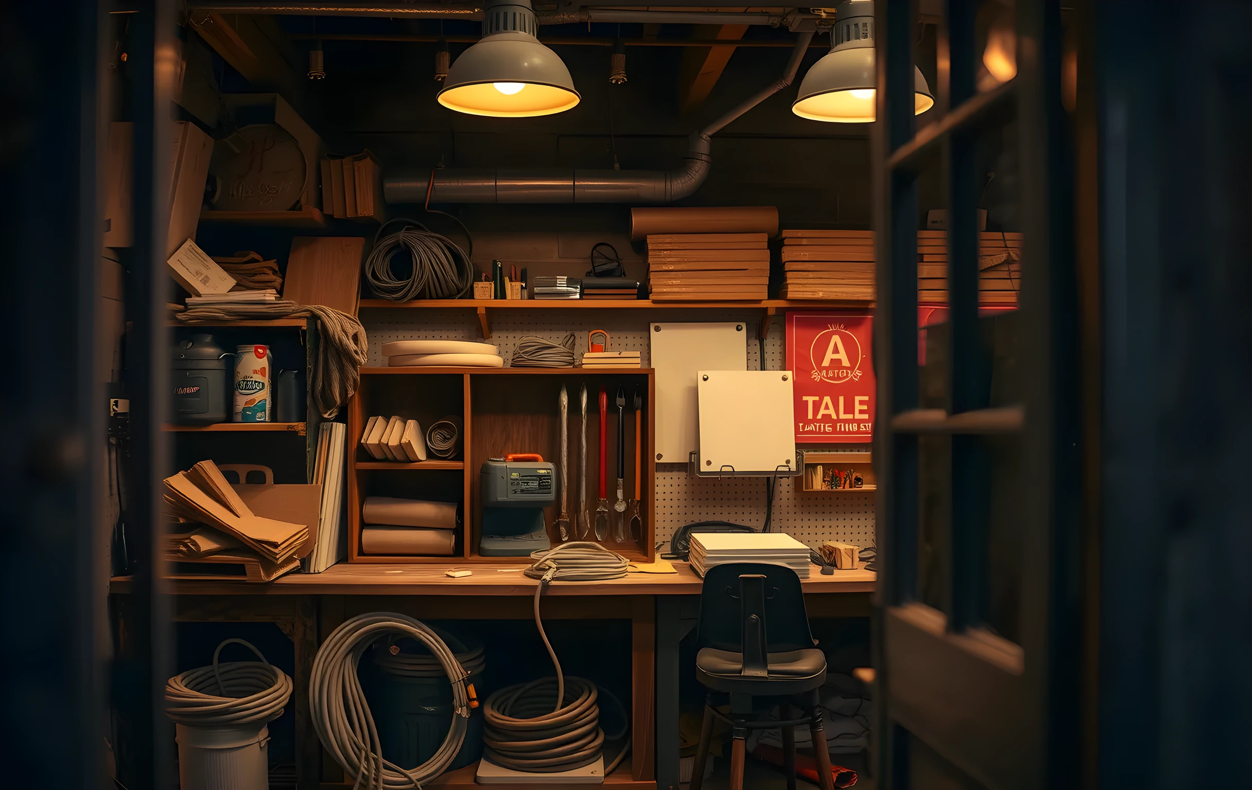 A workshop bench cluttered with organized tool rolls, coiled extension cords, and neatly stacked ceramic tiles under warm overhead worklights, capturing the focused stillness of a contractor preparing materials before dawn