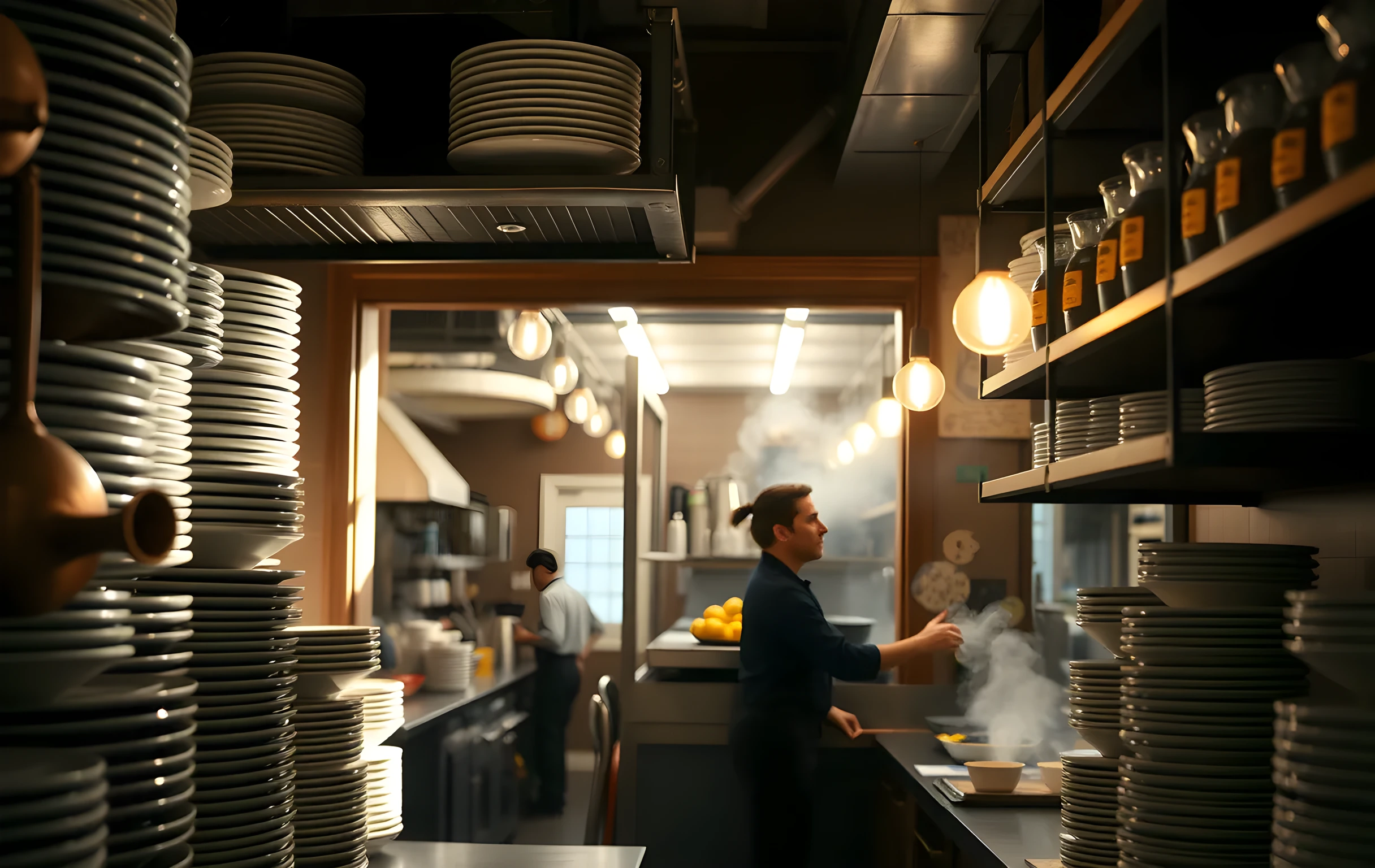 A sunlit kitchen pass-through in a neighborhood restaurant showing stacked ceramic plates, polished copper pots hanging from a rack, and steam rising gently into the air, with blurred staff members working softly in the background