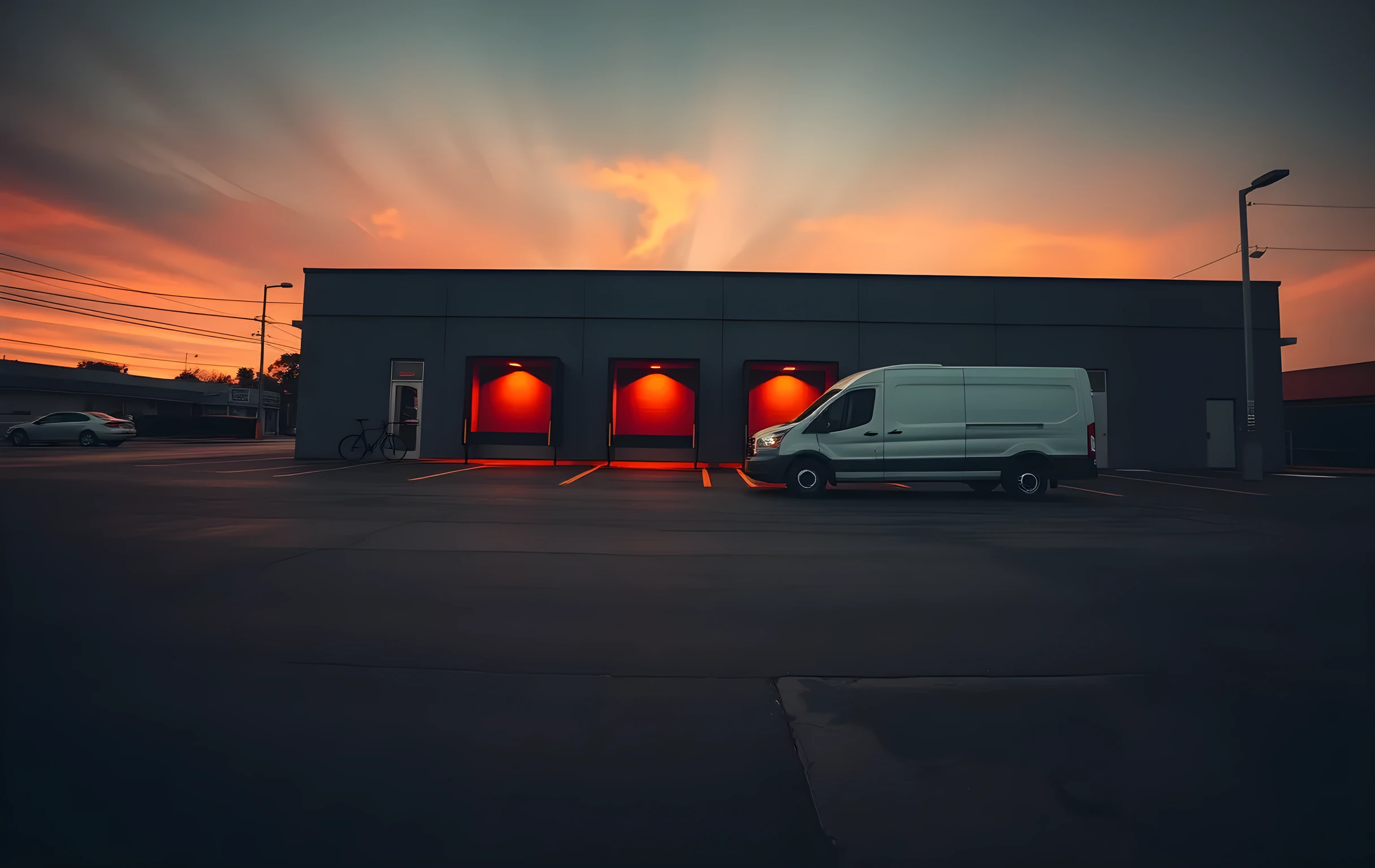 A wide-angle view of a small commercial parking lot at dusk seen from the far corner, long amber shadows stretching across weathered asphalt, a white delivery van parked at a slight angle with its rear doors open, warm orange light spilling from two loading-dock bays in a low concrete building, a single bicycle leaning against a metal post, the sky in a deep peach-to-indigo gradient with no visible text or signage anywhere