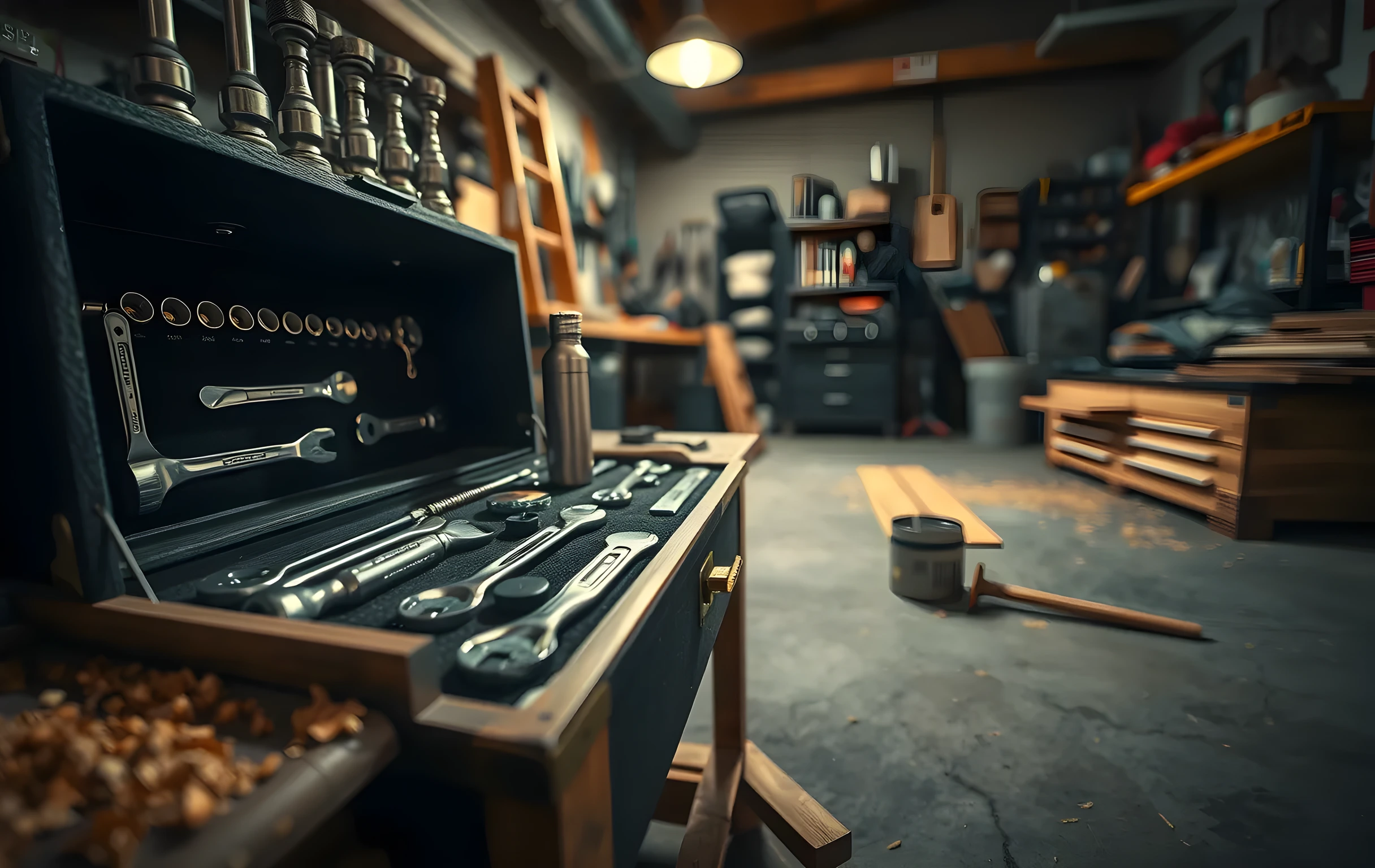 A close interior shot of a contractor's workbench at end of shift, an open chest containing neat rows of wrenches and socket sets nestled in dark felt compartments, a dented steel thermos sitting on the bench edge, fine wood shavings scattered across grey concrete floor, one warm overhead bulb casting a tight pool of golden light with deep shadows beyond, no people visible