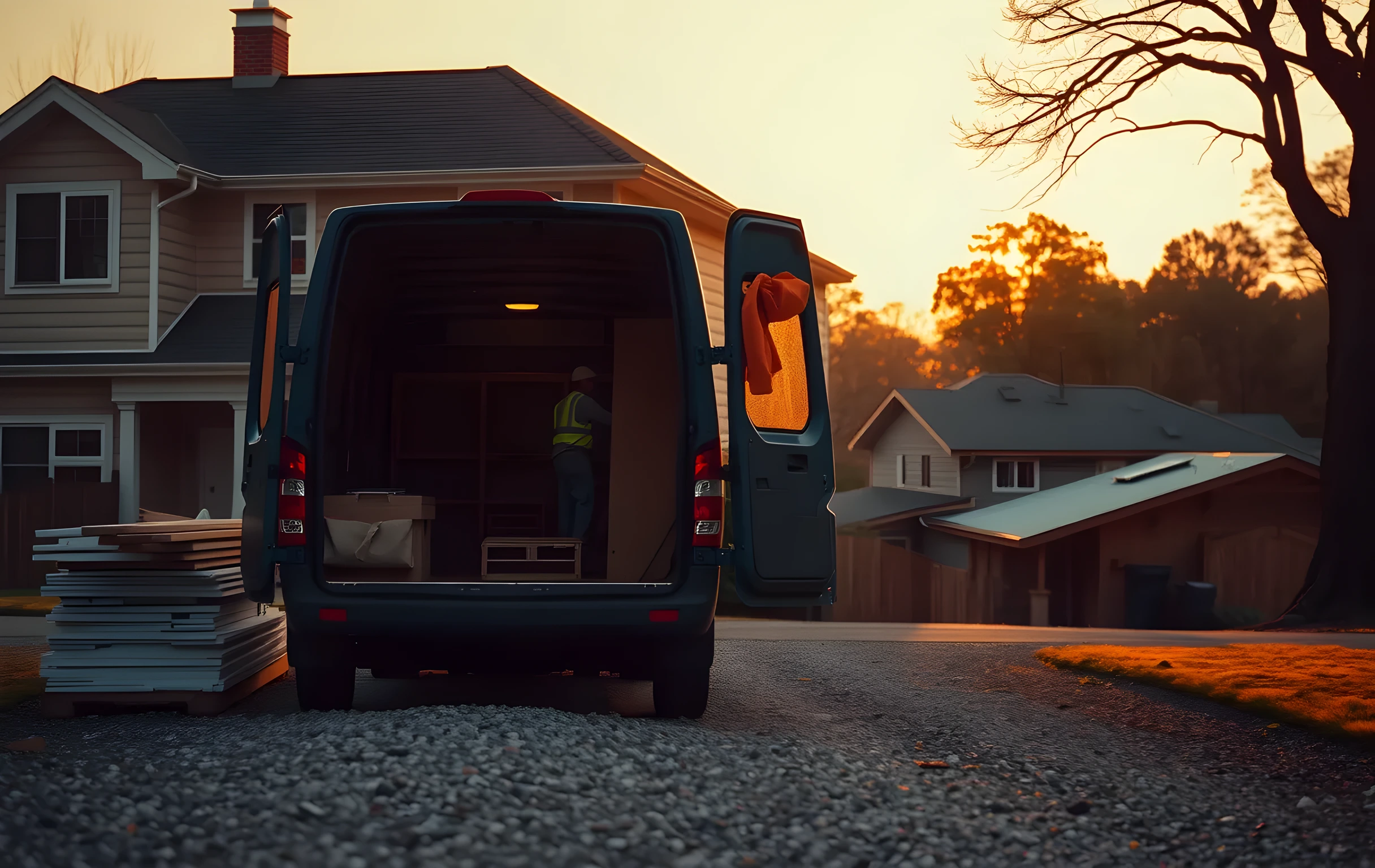 A gravel driveway behind a two-story suburban home under renovation at golden hour, a work van with its tailgate lowered and a canvas toolbelt hanging from the edge, lumber and drywall sheets stacked beside the vehicle, a worker in a hi-vis vest visible mid-distance taping a wall inside the open garage bay, rows of rooftops and mature oaks fading into warm amber haze in the background