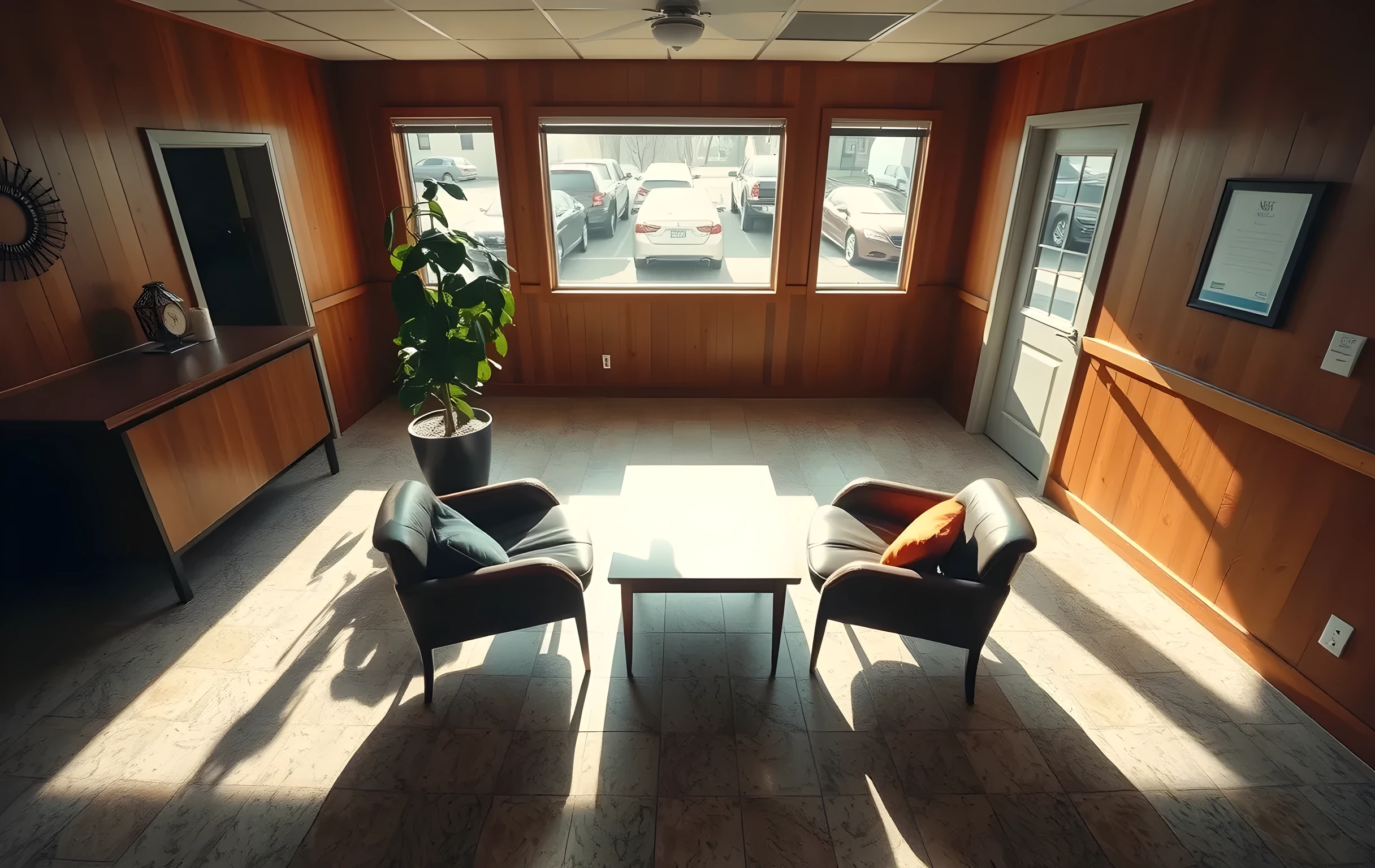 Interior of a small-town independent clinic waiting room at midday, warm honey-toned wood paneling on the walls, three leather armchairs arranged loosely around a low walnut table, soft directional sunlight streaming through tall windows and casting long geometric shadows across a polished terrazzo floor, a large potted fiddle-leaf fig standing beside a reception counter, no people visible, quiet and still
