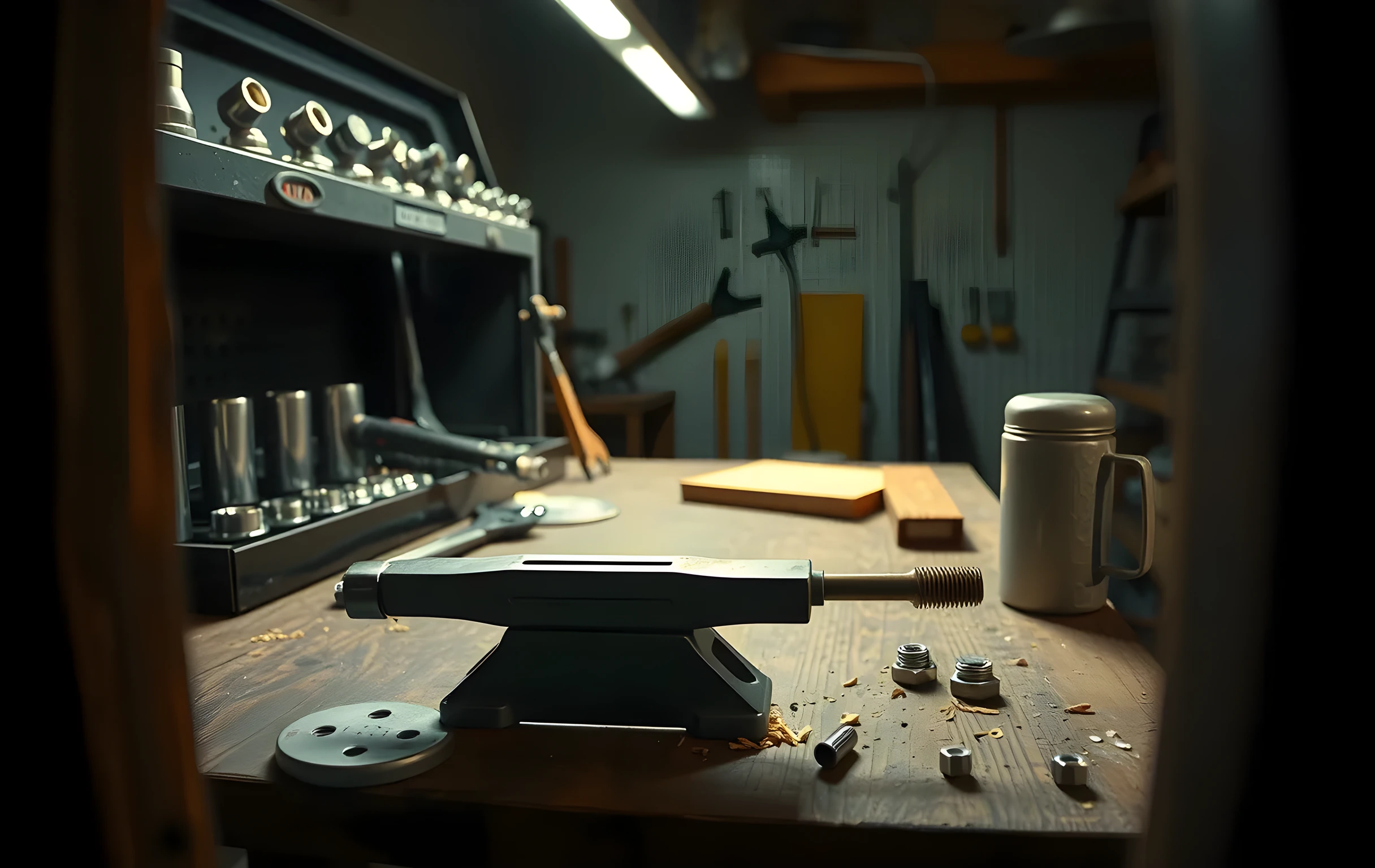 A close detail scene of a contractor's workbench inside a dim garage at evening: an open tool chest with neatly aligned wrenches and socket heads catching warm task-light from above, a half-finished metal bracket clamped in a bench vise, scattered wood shavings and a few hex bolts on the worn wooden surface, a dented enamel thermos sitting at the edge, long shadows stretching across the pegboard wall behind, no readable labels or text visible, the composition feels tactile and lived-in