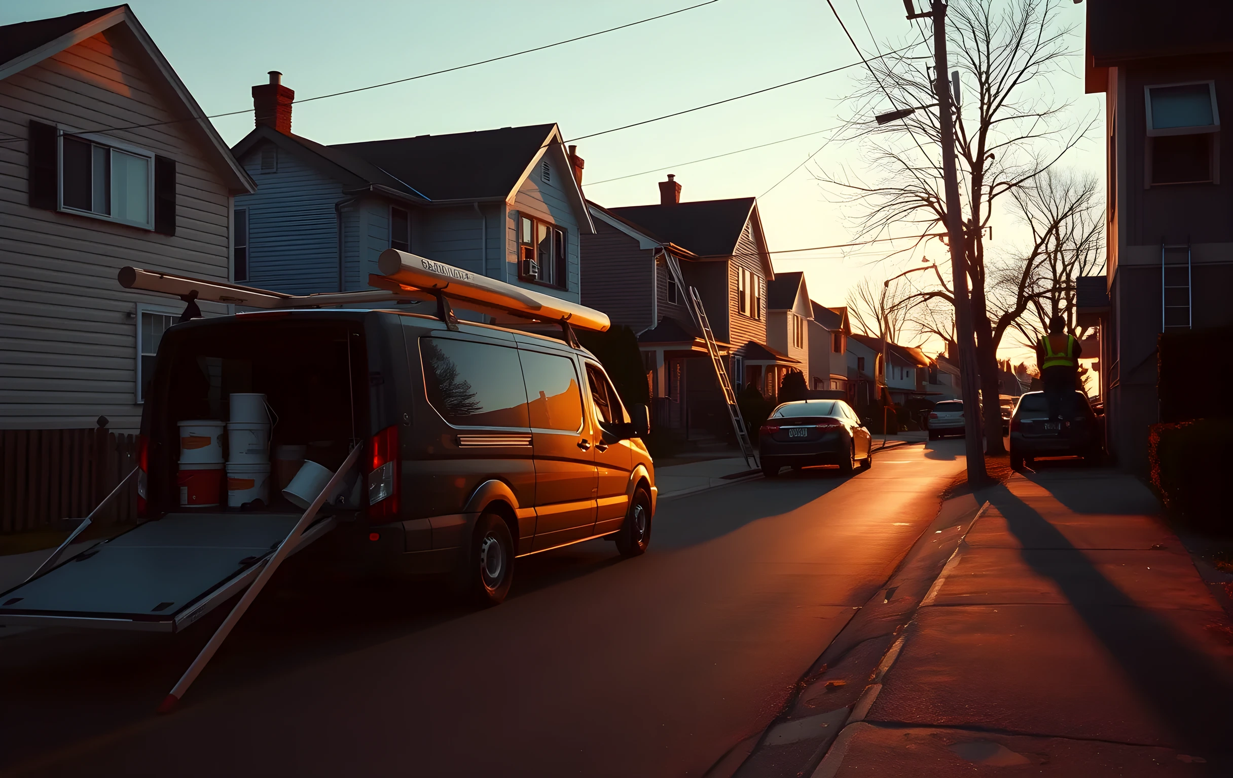A wide-angle view of a quiet residential neighborhood street at golden-hour dusk, warm amber light raking across single-family homes with freshly painted exteriors, scaffolding still erected on one house where painters have been working, a dark utility van parked at the curb with its side panel open revealing coiled hoses, buckets, and neatly stacked tools inside, long shadows stretching across the asphalt, a figure in a high-visibility vest visible at medium distance near a ladder propped against the second-story window, no text, no signage, no shop fronts, no screens, warm and specific, documentary photography feel