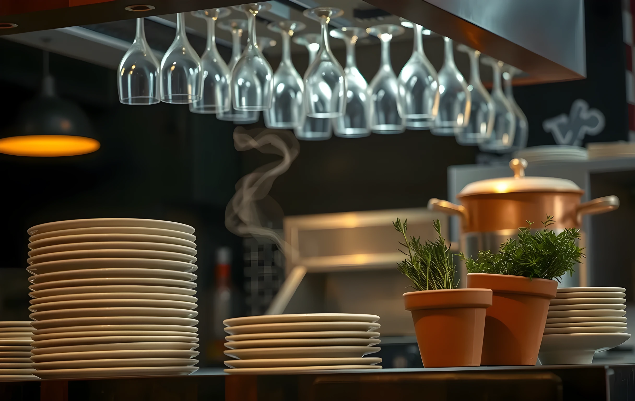 A close detail view of the interior pass area of a neighborhood restaurant kitchen during service, a tall stack of clean white ceramic plates catching warm overhead tungsten light, gentle steam curling upward from a large copper stockpot on the stove just behind the frame, a row of clear wine glasses hanging upside-down from a dark wooden rack above, a small clay pot with fresh herb sprigs sitting on the counter edge, deep amber and forest-green tones dominating, no people visible, no hands, no text, no labels, no screens, intimate and tactile, shallow depth of field