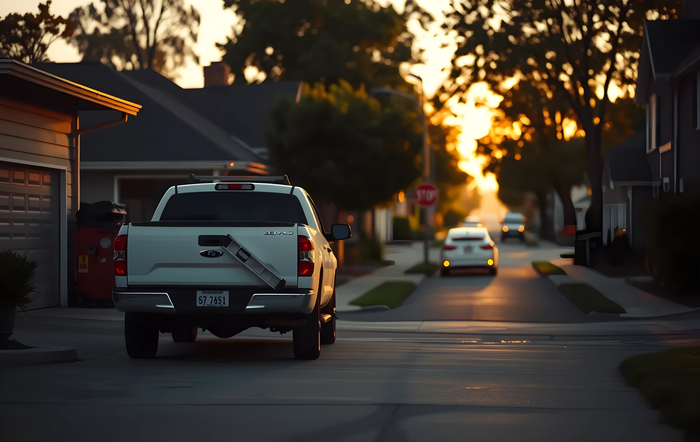 A wide golden-hour shot of a suburban residential driveway where a white pickup truck is parked with its tailgate down, a ladder and scattered hand tools resting on the gate, a partially open garage door glowing warm behind it, quiet tree-lined street stretching into soft focus in the background, no people visible, no readable text or signage anywhere