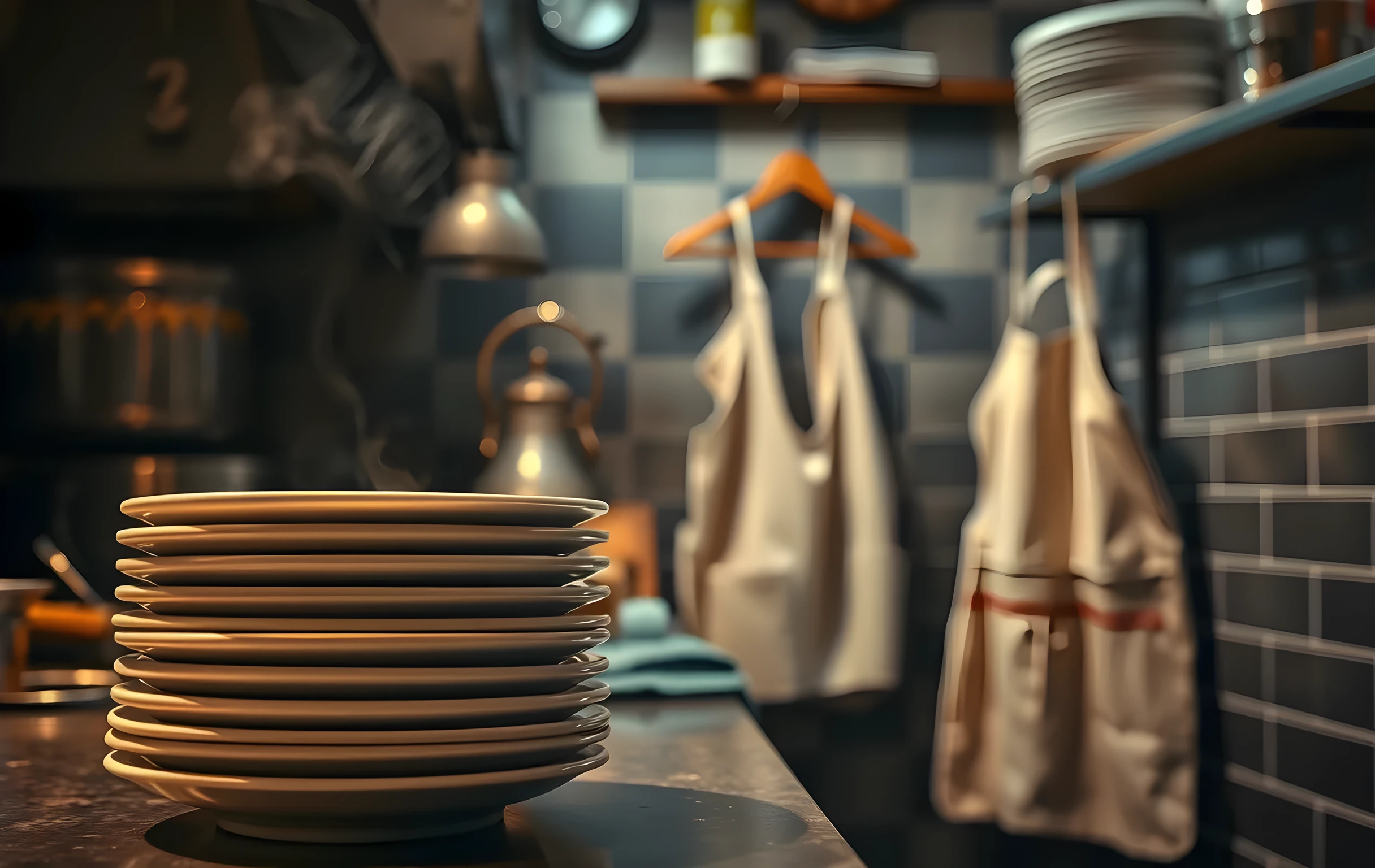 A medium-distance interior view of a small restaurant kitchen pass: a stack of clean ceramic plates catching warm tungsten light, gentle steam rising from a copper pot on the counter, a linen apron hanging on a wooden hook in soft background focus, tile walls and a stainless steel shelf visible at mid-depth, no people, no readable text or menu boards
